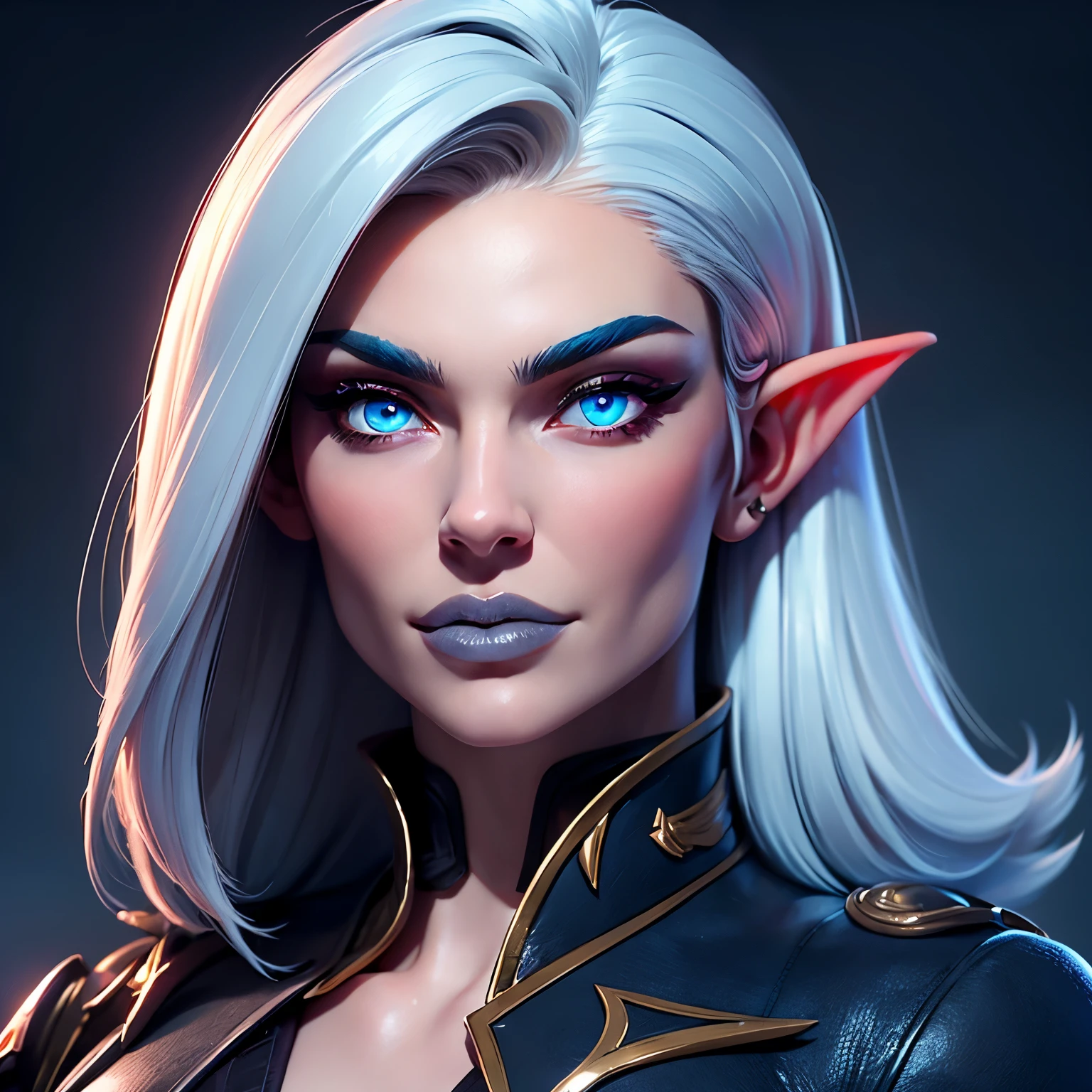 beautiful portait of night_elf female in her 20s with fit body , perfect face feature ,(pale blueish skin:1.5) (blunt bob hair), (silver hair color), (blue eyes color), thick kissable lips , thin nose ,pointy ears, (shenelf)