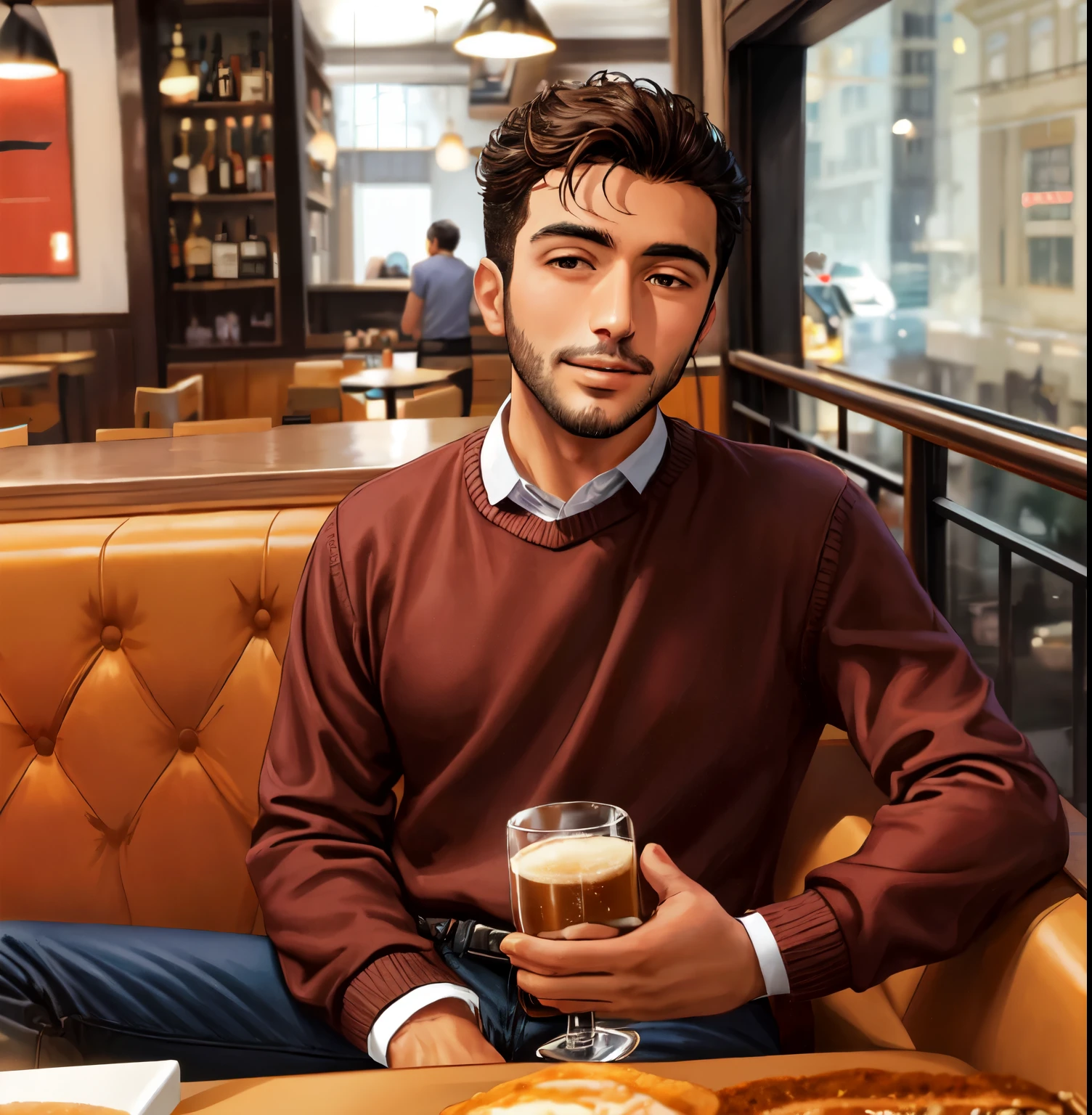 hombre arafed sentado en una cabina sosteniendo un vaso de cerveza, he is wearing a Brown sweater, retrato de alta calidad, sentado en un cafe alone, en un pub, sentado en un cafe, pose casual, hombre guapo, con una bebida, Brown sweater, En un bar, Holding a coffee, retrato en plano medio, pose atractiva, inspirado por Ismail Acar