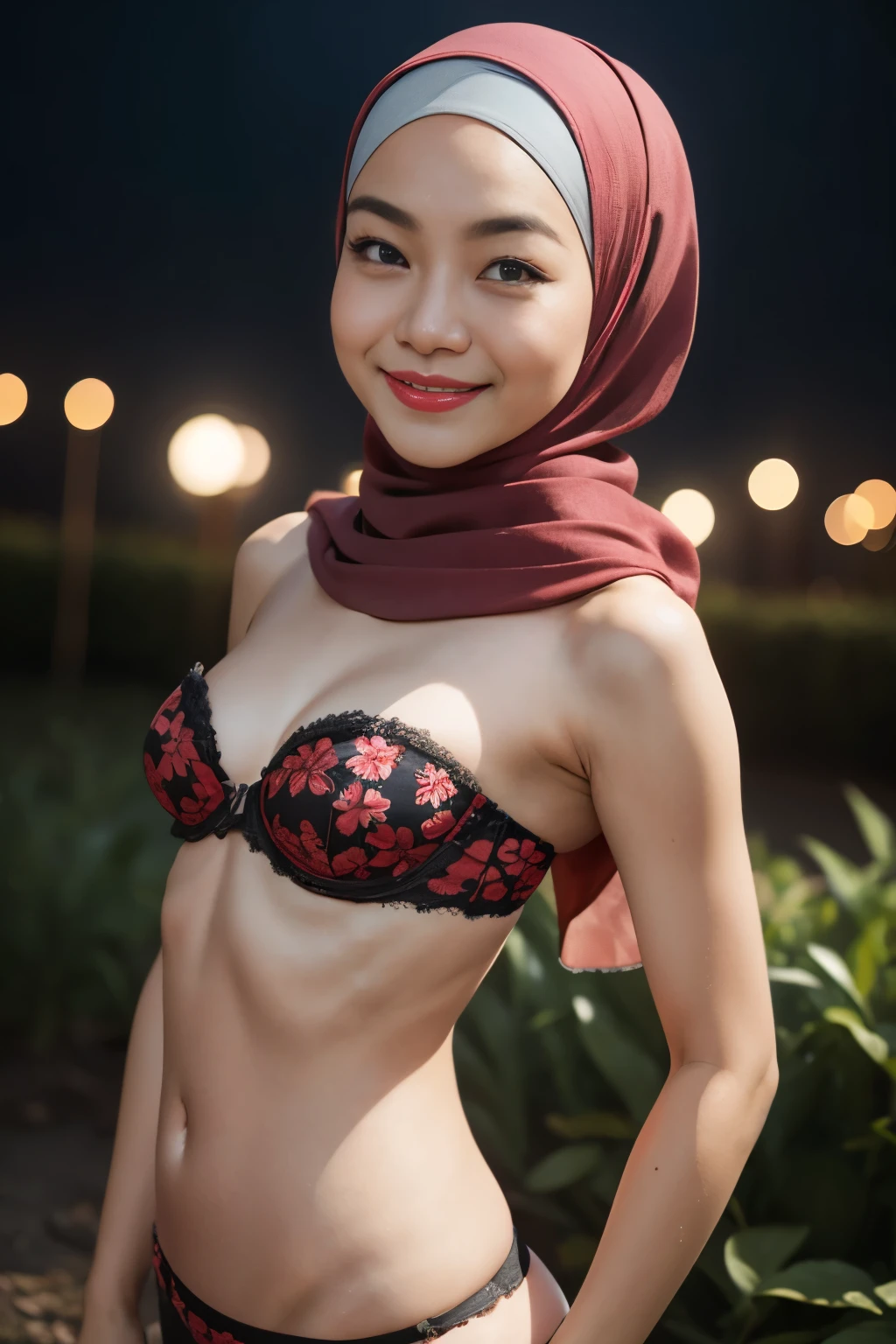 G-STRING & THONG, (Happy smile), (((HIJAB MALAY GIRL))), masutepiece, High quality, UHD 32K, Realistic face, Realistic skin feeling , A Japanese Lady, 8 , , Very cute and baby-like face, (((FLAT CHEST))), (Night time at forest), ((look In front  at the camera and SADNESS)), ((())), (((CUTE GIRL))), ((RED LIPS)), ((Floral Pattern)) little wearing strapless bra, strapless colorful bra, dark night horror scary place (from behind up) seductive pose