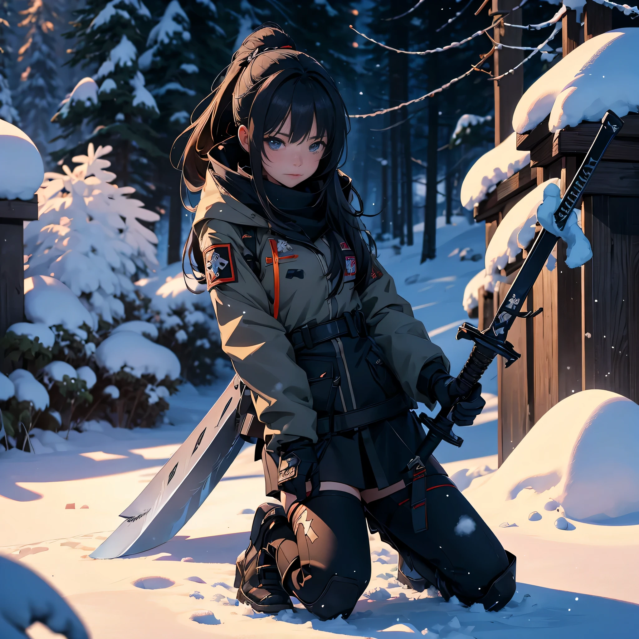 anime girl kneeling In the snow with a sword in her hand, Amazing anime 8k, Anime Style 4k, 4k Anime Wallpaper, Anime Wallpaper 4 k, Anime Wallpaper 4k, Anime Wallpaper, Female Action Anime Girl, From Girls Frontline, Girls Frontline Style, hd Anime Wallpaper, Anime Wallpaper, In the snow, Girls Frontline CG