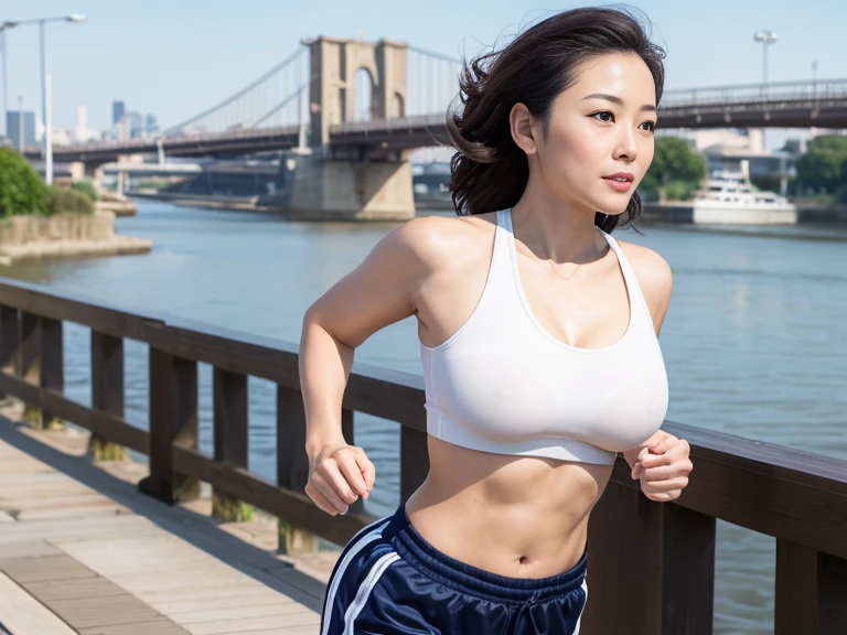 40s, A beautiful Japanese woman, realistic, Photo realistic, Super detailed, Sexy middle aged woman, 最high quality, 8k, Sharp focus, high quality, High resolution, Rounded body, Kind eyes, Hot lips, Married women, Larger breasts, jogging, wearing sports bra & shorts, Beautiful Skin, With the riverside in the background