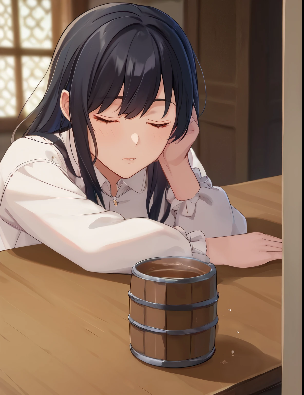 score_9, score_8_up, score_7_up, source_anime BREAK 1girl, a girl fell asleep with her head on the table, the girl is sleeping, eyes are closed, the head is lying on the table, black hair, long hair, a medieval-style kitchen, (the mug is on the table) ,old mug, brown mug