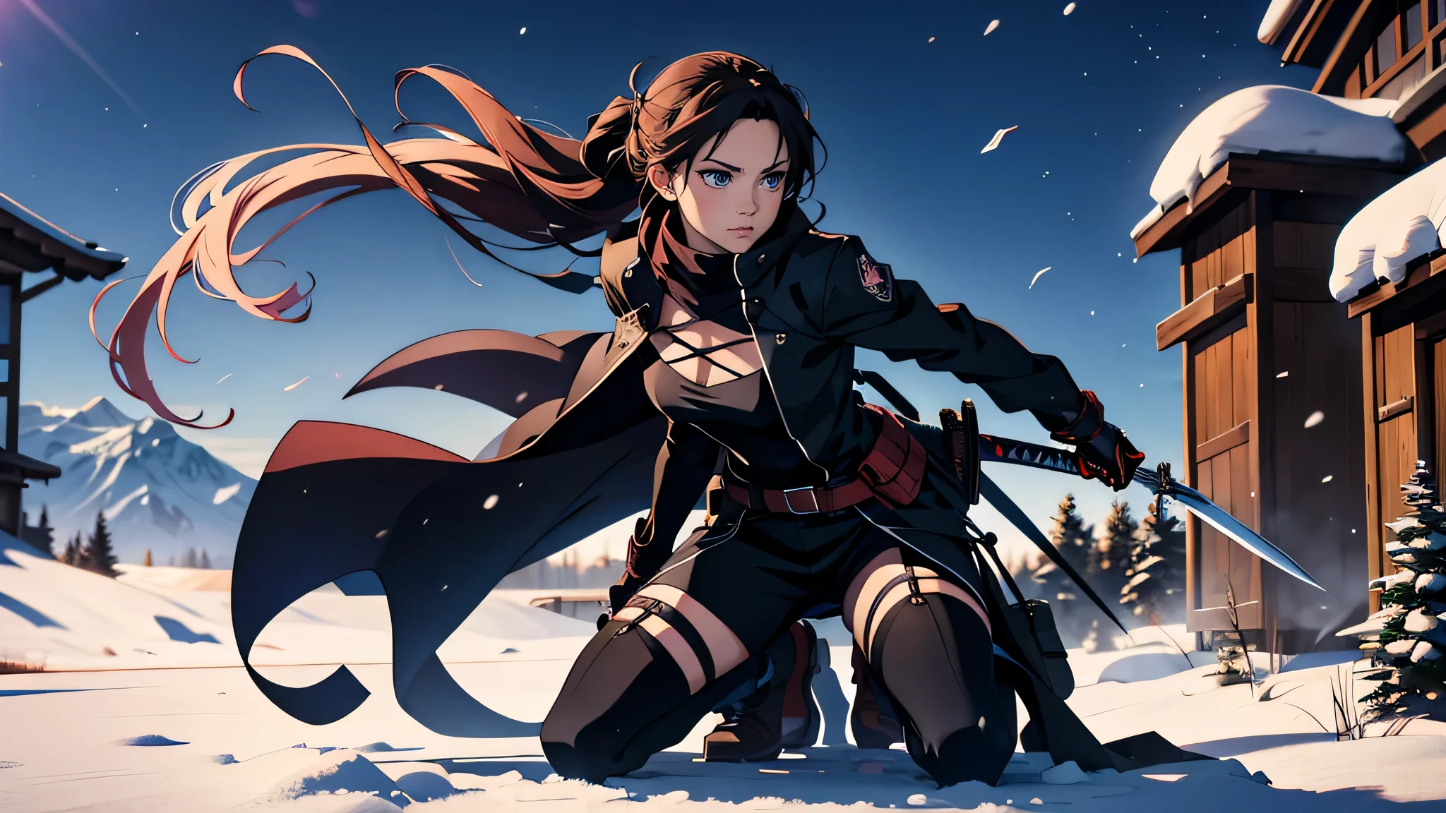 Anime girl kneeling in the snow wearing black clothes and holding a sword, Amazing anime 8k, She has a sword, Anime Style 4k, Gweiz style artwork, anime wallpaper 4k, anime wallpaper 4k, anime art wallpaper 8k, 4k anime wallpaper, anime art wallpaper 4k, anime art wallpaper 4k