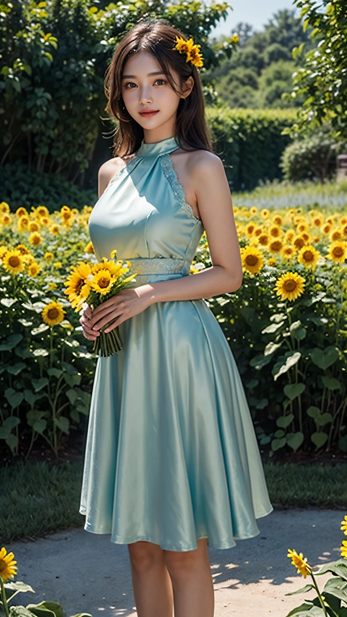 20 years beautiful Girl, korean Girl, 64K, (masterpiece: 1.4), ((metalic Silky seafoam A-line Halter Lace Flowers Short Homecoming Dress)), nature background, beautiful smile, (smile: 1.2), detailed background, detailed dress, ultra HD image quality, ((standing in middle of sun flower plants fields)), Running water pump, Many sun flower plants, many flowers, every where sun flower plants, sunflowers bunch in hand, CG unity 8k wallpaper, perfect figure, Young Girl, Beautiful Nature, High resolution Dress Quality, high resolution Face, Hd, Ultra HD, ((Realistic:1.2)), Ultra Realistic, Young Round breasts, Tempting Figure, Very Soft skin, Very Cute face, worlds most beautiful girl, Detailed Dress, Detailed face, Detailed body, Detailed hair, Detailed Background, Award-winning Photography, ((Ray Tracing: 1.2)), Morning weather, foggy weather, cool morning,