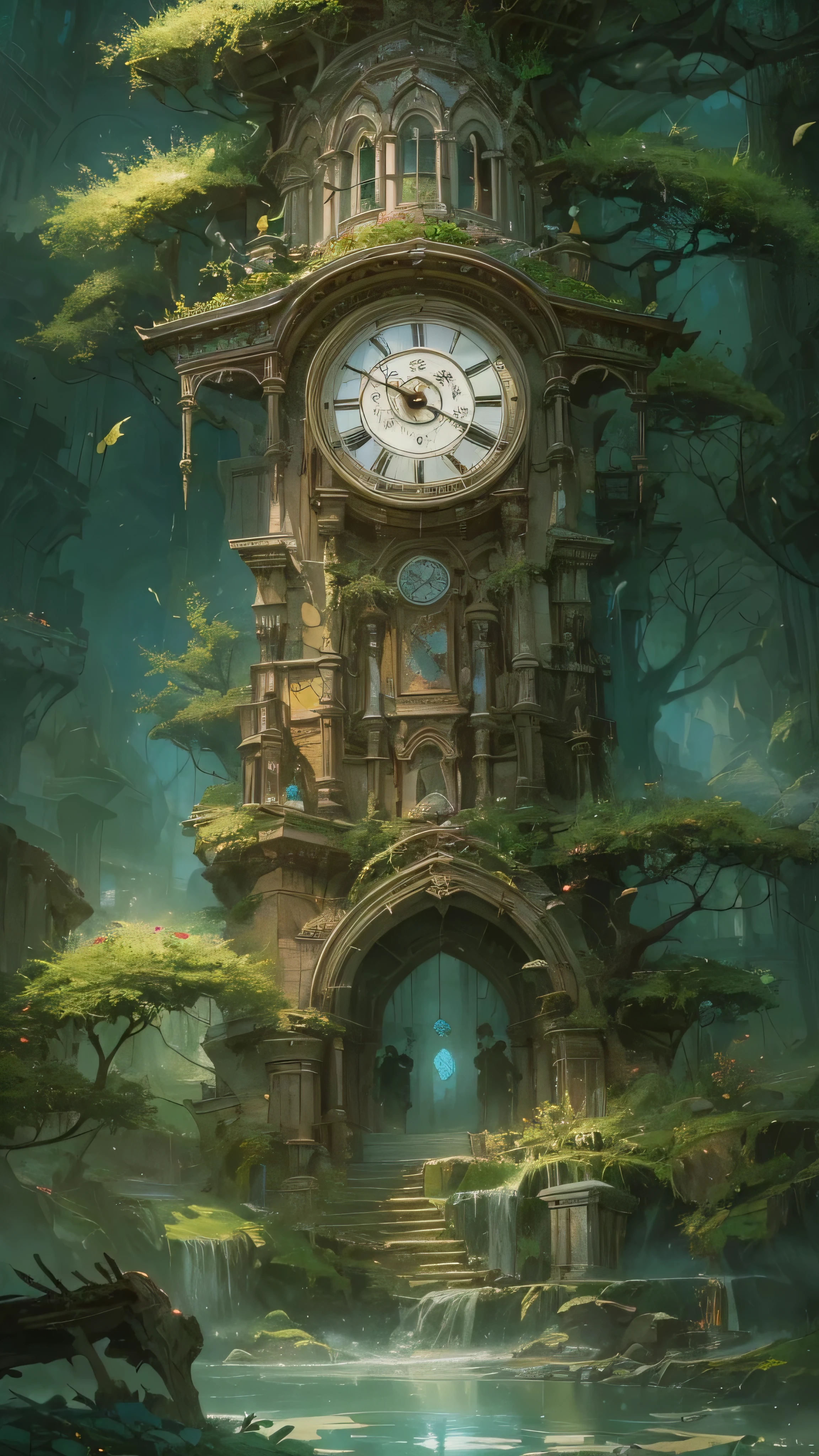 (by Greg Rutkowski: 1.2), (masterpiece), ((best quality)), extremely delicate and beautiful, illustration, (fantasy landscape), A mesmerizing fantasy with enchanting elements blending seamlessly. ((majestic clock tower)), A sense of tranquility and wonder fills the air, inviting exploration and discovery. From Brian Froud and Carne Griffiths and Wadim Kashin and John William Waterhouse, 8K post-production, high resolution, hyperdetailed, depth of field, HDR, intricate