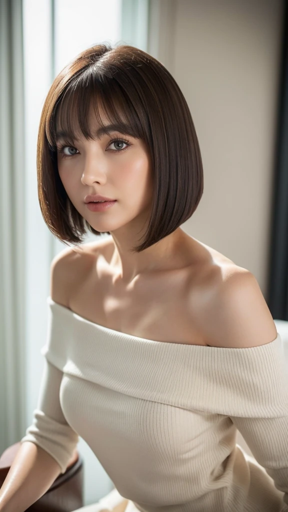 Masseter muscle area, highest quality, masterpiece, High resolution, Photorealistic, Raw photo, 8k wallpaper, perfection, Professional Lighting, Very detailed, Depth of written boundary, ((One beautiful woman)), ((  young sexy 33 years)), Sexy Woman, Hotel Rooms, (tight sexy off shoulder mini dress)), ((Look into the viewer&#39;s eyes)), Detailed face, Beautiful Eyes, (Sit with sexy posture), Bangs, Shapely rounded breasts, bob cut brown hair, Faint lips,Soup（（Loosely inward wavy hair:1.2、（（full figure supermodel standing，entire body in frame））