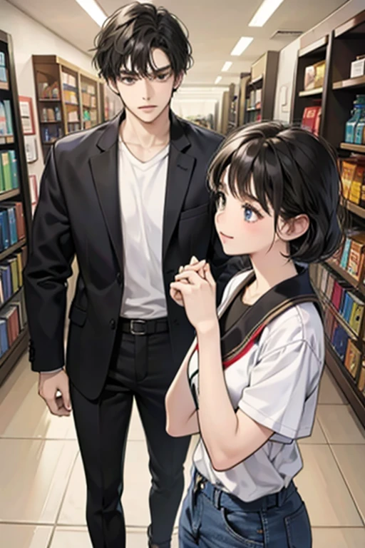 Two people, a man and a woman, in a department store，High school girl with long black hair，White short hair male high school student，talking holding hands，shop