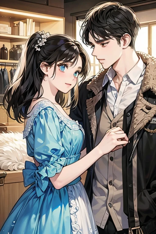 Two people, a man and a woman, in a department store，High school girl with long black hair，White short hair male high school student，talking holding hands，shop
