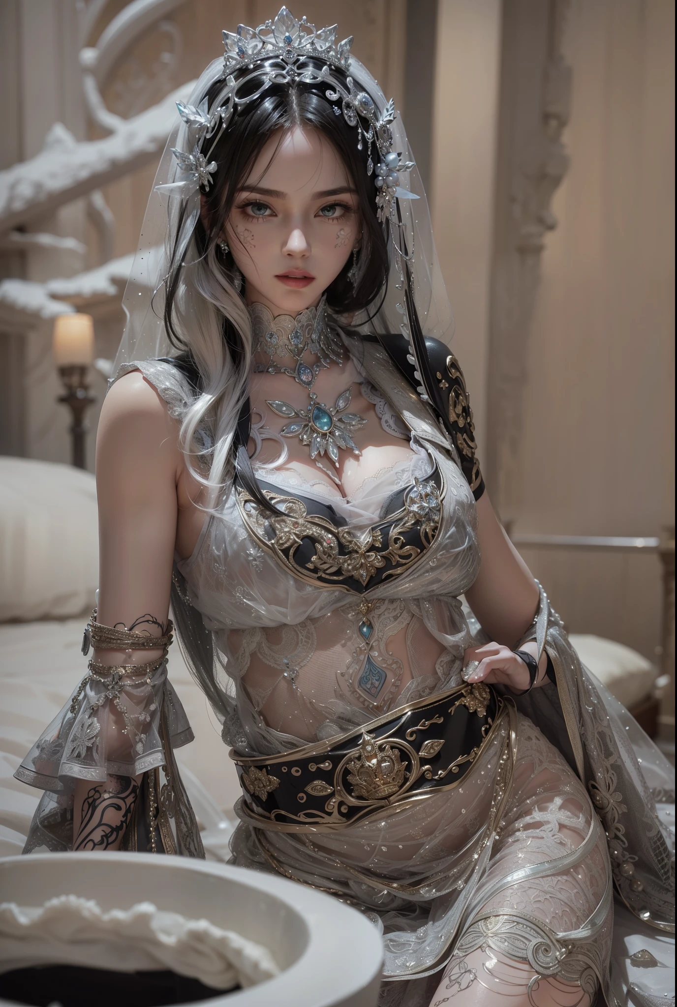 Royal princess,Exquisite eyes,Snow Queen,Put the crown on your head,Detailed facial expressions body,tall and big,Glamorous characters,Leg length,4K,HD,Sensual,White translucent lace,白皙Full figure,Little cherry mouth,Beautiful and lovely,Full figure,Glossy Gel Coat,Vampire queen wears luxurious dress,Have a tattoo(intricate tattoo designs),tattoo queen,Ice Princess,