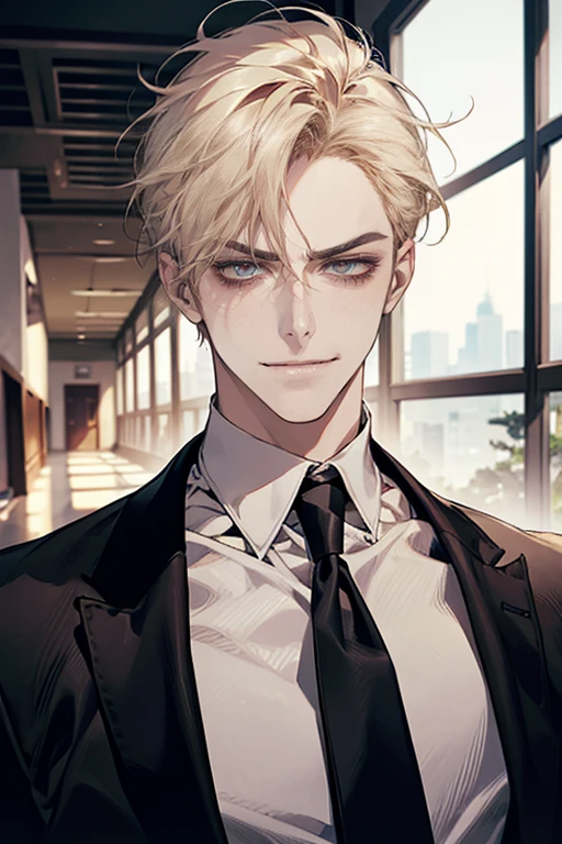 (tmasterpiece, high resolution, ultra - detailed:1.0), (1 boy, Young male, masculine face), Perfect male body, tall and strong, Adult male, Delicate eyes and delicate face, Extremely detailed CG, Unity 8k wallpaper, Complicated details, Detailed face, (blond hair, messy hair, serious faces, white shirts,Bad students), (frown,evil smile:1.3), stad in school corridor, street style, color difference, Depth of field, dramatic shadow, Ray tracing, Best quality, Cinematic lighting, offcial art,Portrait