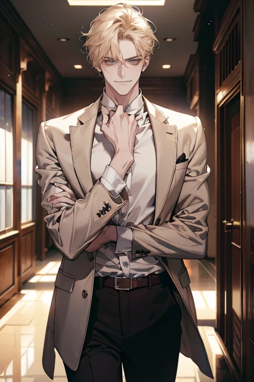 (tmasterpiece, high resolution, ultra - detailed:1.0), (1 boy, Young male, masculine face), Perfect male body, tall and strong, Adult male, Delicate eyes and delicate face, Extremely detailed CG, Unity 8k wallpaper, Complicated details, Detailed face, (blond hair, messy hair, serious faces, white shirts,Bad students), (frown,evil smile:1.3), stad in school corridor, street style, color difference, Depth of field, dramatic shadow, Ray tracing, Best quality, Cinematic lighting, offcial art,Portrait