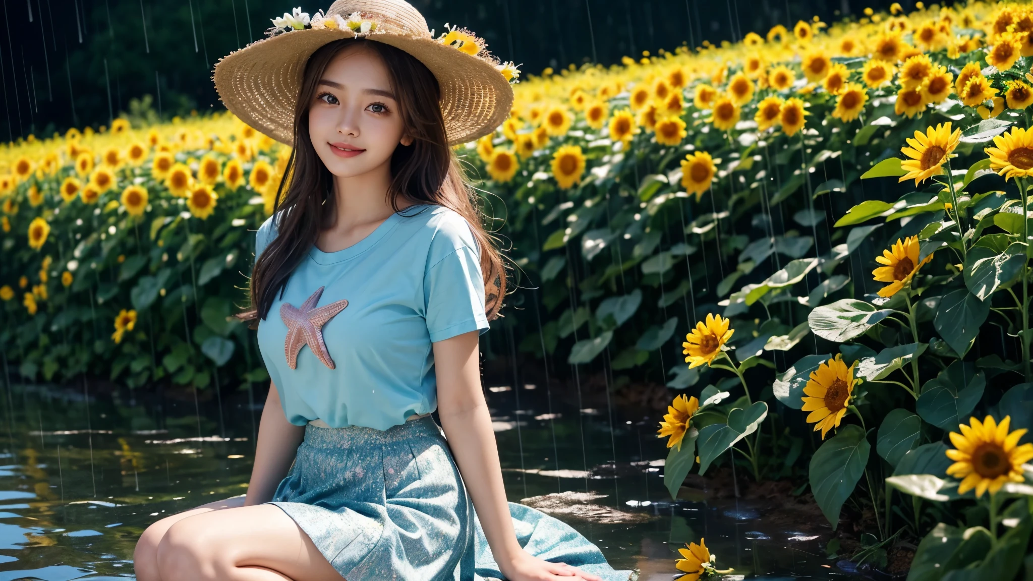 22 years beautiful Girl, korean Girl, 64K, (masterpiece: 1.4), ((Beautiful glitter seafoam Blue colour T-shirt)), ((starfish pink skirt)), ((skirt : 1.2)), nature background, beautiful smile, (smile: 1.2), detailed background, detailed dress, ultra HD image quality, sitting in middle of sun flower plants fields, Many sun flower plants, many flowers, every where sun flower plants, sunflowers bunch in hand, 8D , CG unity 8k wallpaper, perfect figure, Young Girl, Beautiful Nature, High resolution Dress Quality, high resolution Face, Hd, Ultra HD, ((Realistic:1.2)), Ultra Realistic, Young Round breasts, Tempting Figure, picture taken from Hasselblad X2D 100C, Very Soft skin, Very Cute face, worlds most beautiful girl, Detailed Dress, Detailed face, Detailed body, Detailed hair, Detailed Background, Award-winning Photography, ((Rainy Atmosphere)), (Dim light)