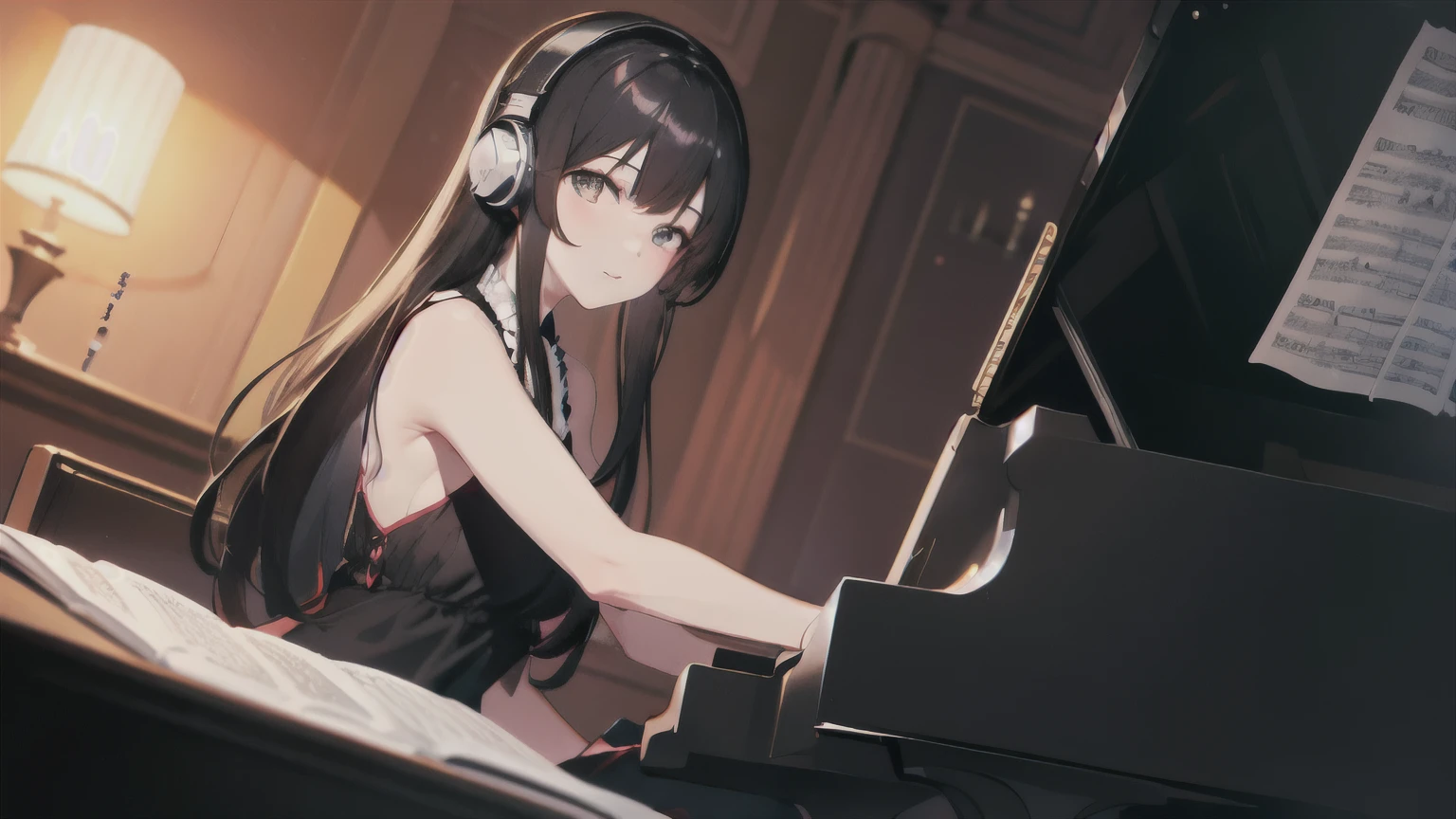 A black-haired woman playing a piano in a room、Wearing headphones、everyday、night、high resolution、4k
