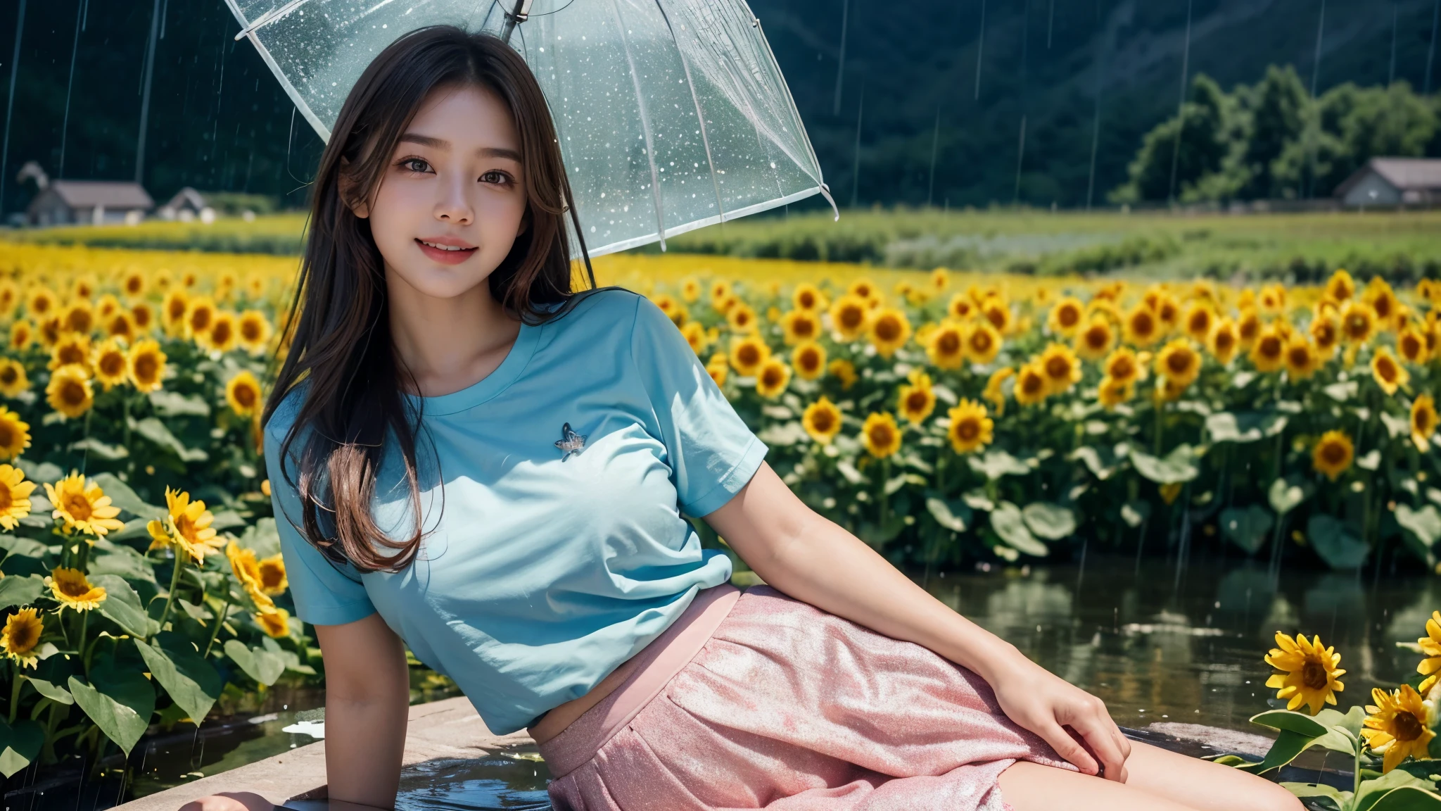 22 years beautiful Girl, korean Girl, 64K, (masterpiece: 1.4), ((Beautiful glitter seafoam Blue colour T-shirt)), ((starfish pink skirt)), ((skirt : 1.2)), nature background, beautiful smile, (smile: 1.2), detailed background, detailed dress, ultra HD image quality, sitting in middle of sun flower plants fields, Many sun flower plants, many flowers, every where sun flower plants, sunflowers bunch in hand, 8D , CG unity 8k wallpaper, perfect figure, Young Girl, Beautiful Nature, High resolution Dress Quality, high resolution Face, Hd, Ultra HD, ((Realistic:1.2)), Ultra Realistic, Young Round breasts, Tempting Figure, picture taken from Hasselblad X2D 100C, Very Soft skin, Very Cute face, worlds most beautiful girl, Detailed Dress, Detailed face, Detailed body, Detailed hair, Detailed Background, Award-winning Photography, ((Rainy Atmosphere)), (Dim light)