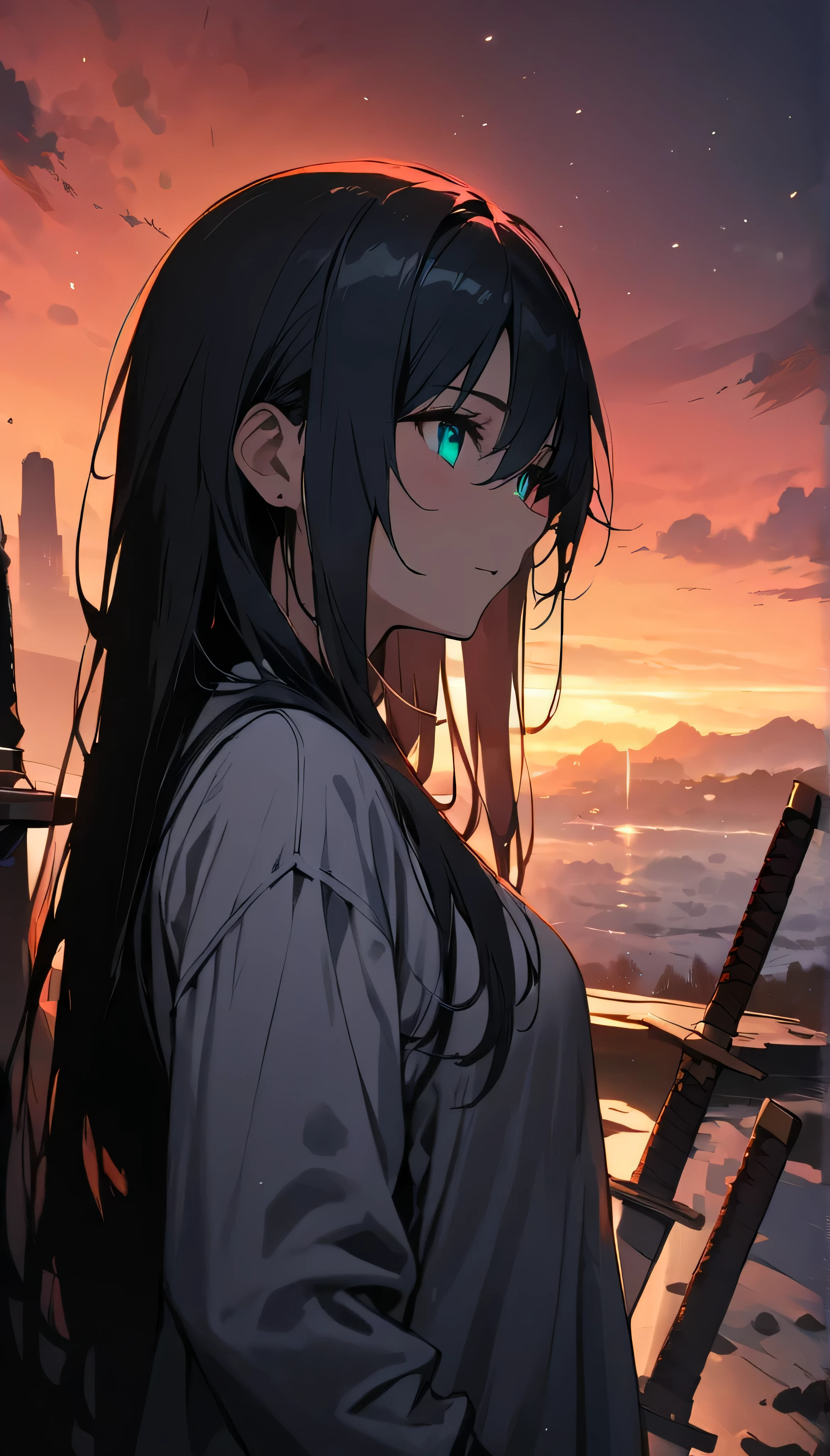 ((dark theme. full resolution. masterpiece. Full HD. very detailed. very detailed eyes. best quality.)) 1girl, beautiful girl, long hair, sliver hair, beautiful aqua eyes, white shirt only, in rockland, many sword in anywhere, sunset, gradient sky, one big planet, foggy, mist, beautiful scenery
