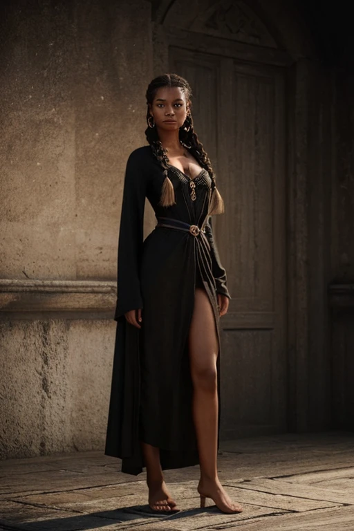  (full_body shot:2.0), (front view), 1girl, age 27, (girl wearing 8th century clothing standing on a platform), (brazilian ), braided hair, slender, dark theme, soothing tones, muted colors, high contrast, (natural skin texture, hyperrealism, soft light, sharp), perfecteyes eyes, hand, perfect, hand, fingers, photo of perfecteyes eyes,