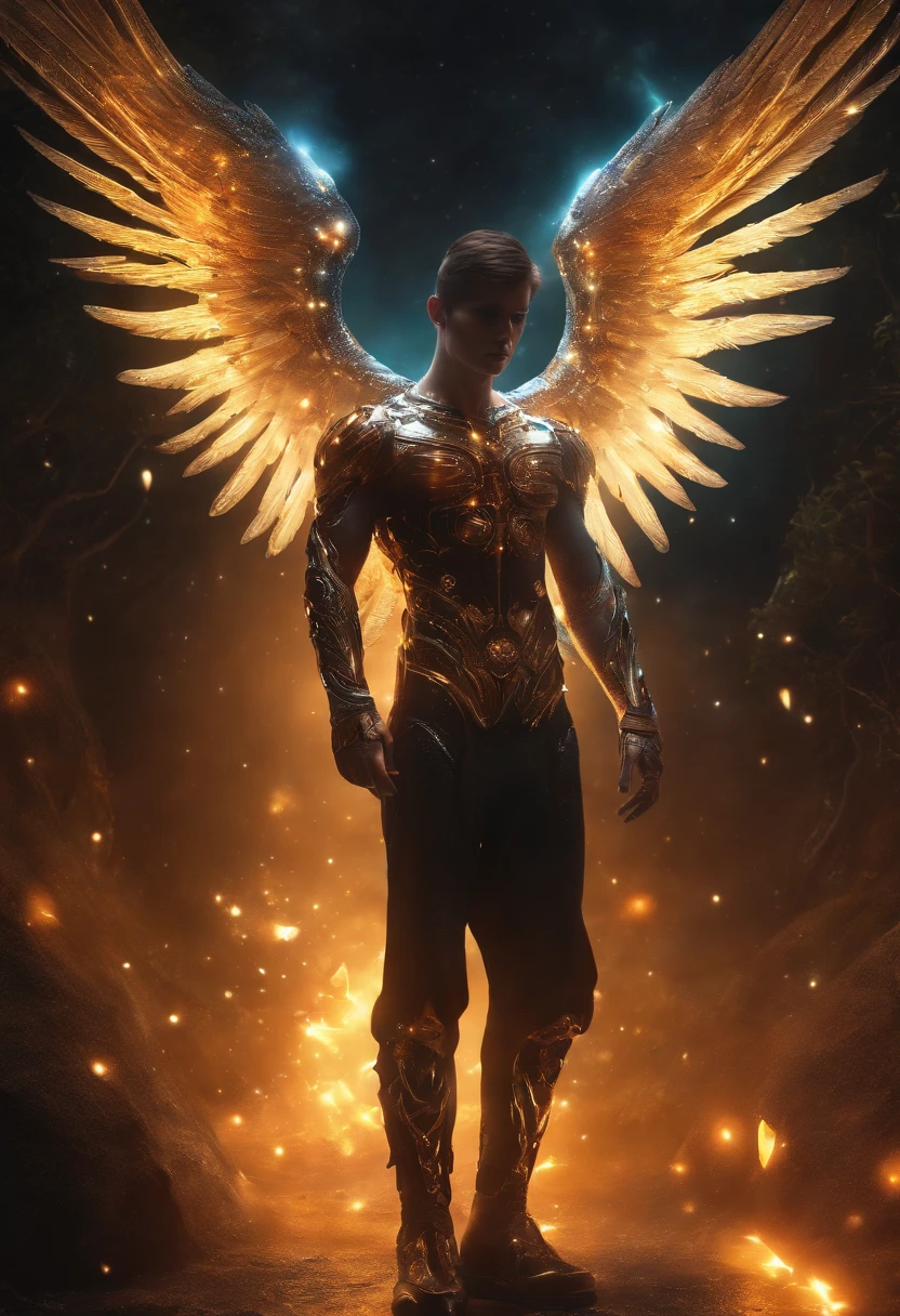 Handsome Cosmic Fallen twink Angel, glowing light eyes, Biomechanical, eerie, ((sexy and Creepy)), nightmarish, Very bright colors, Light particles, with light glowing, Mshiff, wallpaper art, UHD wallpaper well lit cute boyish face blending seamlessly into biomechanical fallen twink angel body, full body painting