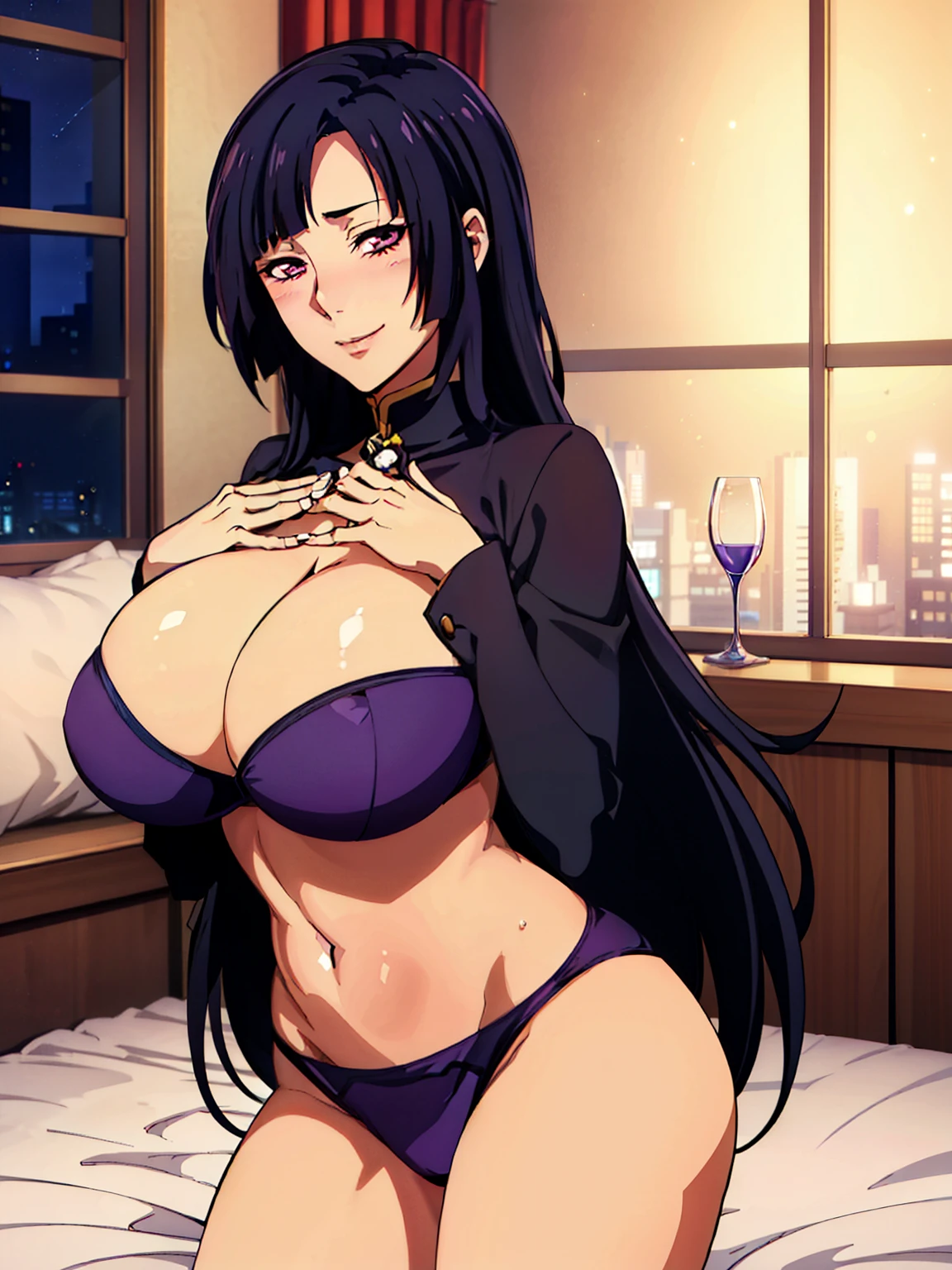 kneeling, soft blue bikini, (luxury bedroom background), window, night city view, Litchi Faye-Ling, mature woman, anime cels style, best quality, high resolution, 1girl, (huge breasts:1.2), beautiful face, Beautiful Finger, Beautiful long legs, Beautiful body, Beautiful Nose,Beautiful character design, black hair, very long hair, Bangs,purple eyes, (cowboy shot), smiling, blushing, looking at viewer