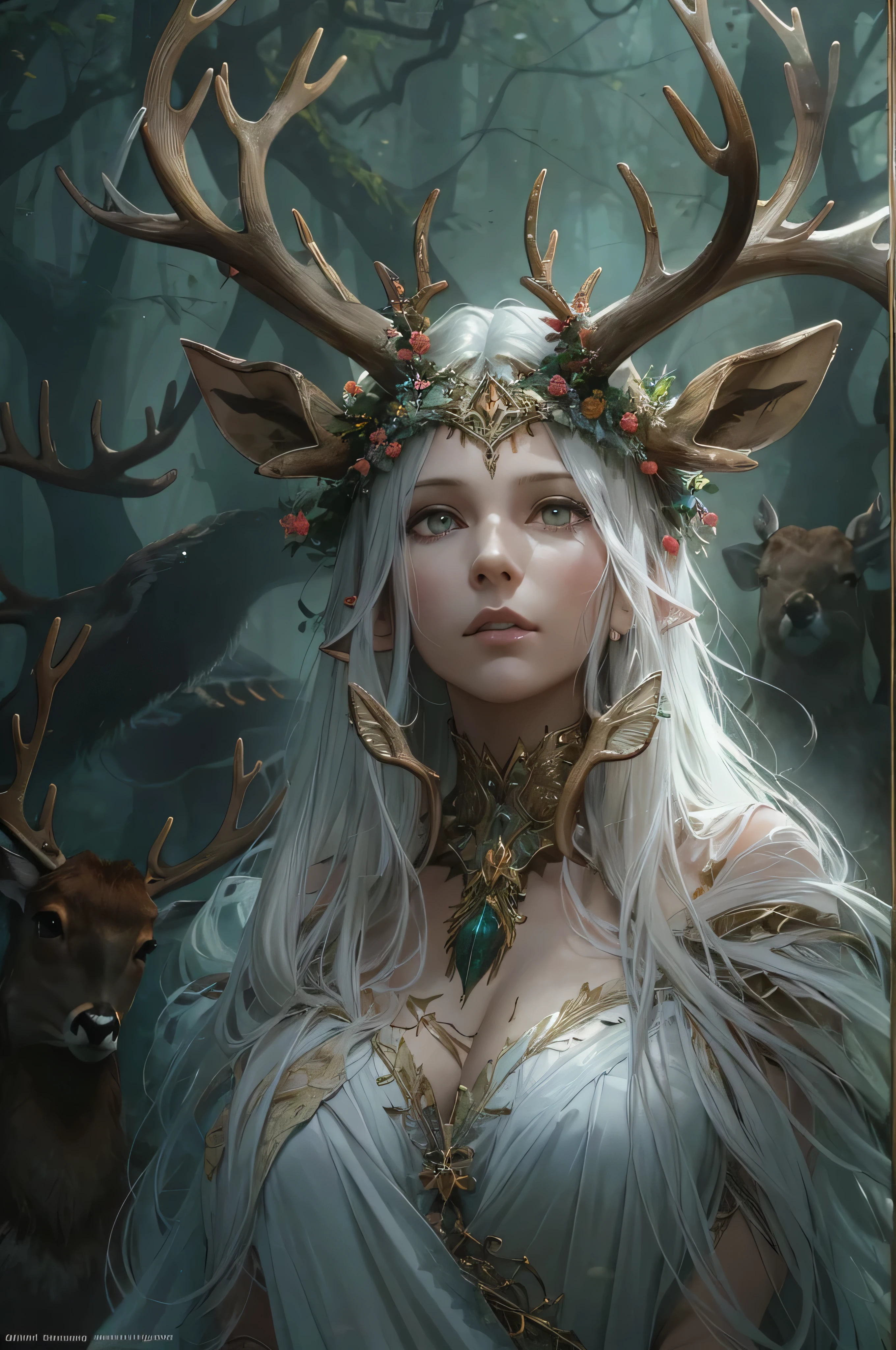 (by Greg Rutkowski: 1.2), (masterpiece), ((best quality)), extremely delicate and beautiful, illustration, (fantasy landscape), A mesmerizing fantasy with enchanting elements blending seamlessly. ((1A girl with a perfect body, Druid, (with large deer antlers on the head:1.5), Realistic eyes, beatiful face, (white colored hair:1.2), long straight hair, generous cleavage, The body is wrapped in branches, ((perfect anatomy)), full body shot. A surge of dark magic, gotik,)), A sense of tranquility and wonder fills the air, inviting exploration and discovery. From Brian Froud and Carne Griffiths and Wadim Kashin and John William Waterhouse, 8K post-production, high resolution, hyperdetailed, depth of field, HDR, intricate