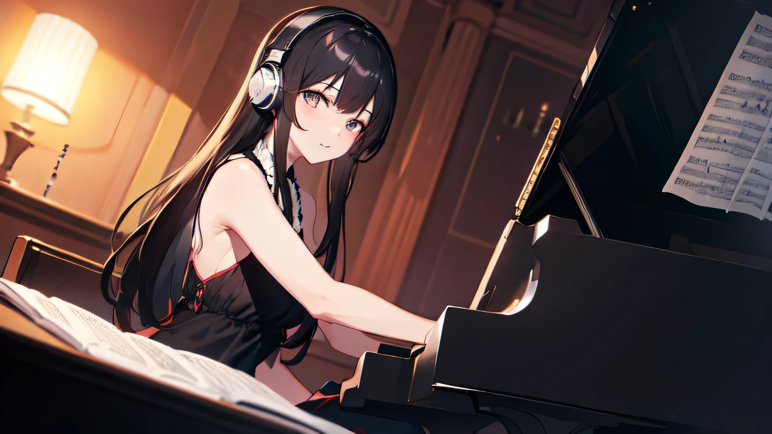 A black-haired woman playing a piano in a room、Wearing headphones、everyday、night、high resolution、4k