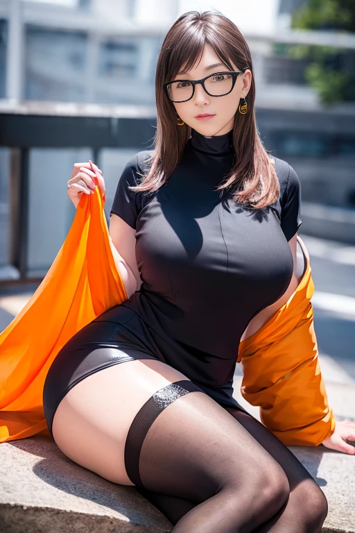 Velma cosplay ((1 Young and beautiful light skin black girl:1.2)), Super beautiful detailed face, Stare at me, open mouth slightly, Highest Quality, High definition RAW color photos, Professional Photography, Cinematic lights, (Fine face:1.2), (View:1.2), ((cleavage:1.2)), curvy and beautiful girl, ,  detailed, walking in park revealing outfit, Pleasure, feels good, Portrait of a beautiful girl, zoom out  full body shot, sweet alluring smile staring at camera (Best Quality:1.2), Super Detail, high details, masterpiece,velma cosplay, large breasts, big boobs,revealing velma Halloween outfit, full boy zoomed out, in high heels, full body, zoomed out,  velma cosplay outfit orange turtleneck low cut sweater, a short red pleated skirt, knee socks, Mary Jane shoes, and a pair of black square glasses, sexy nsfw, topless