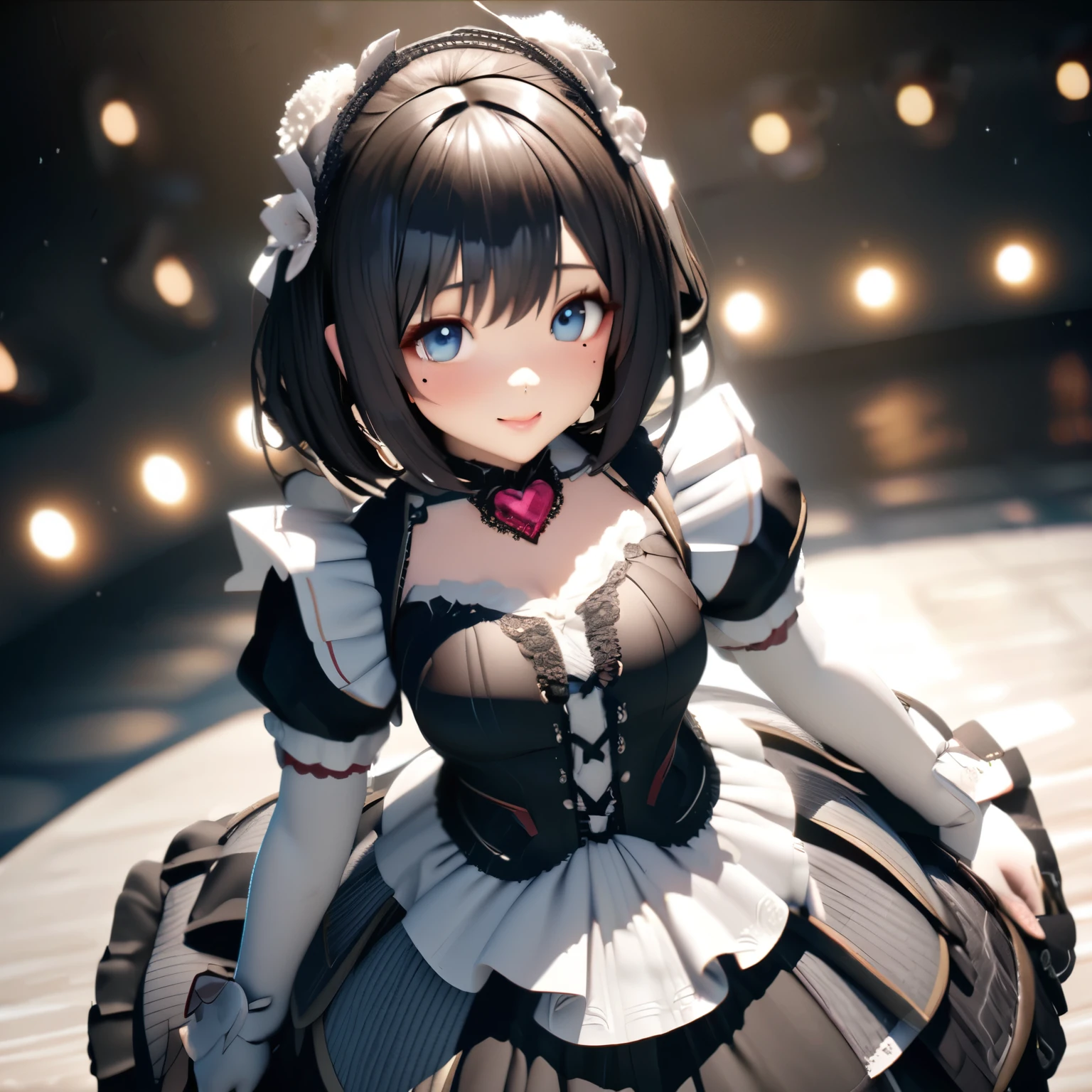 One Girl、Looking at the audience、
Beautiful Blue Eyes、black short hair、Mole under the eye、Plump and glossy lips、Heart-shaped choca、Idol、smile、ー、。.。.。.。.。.。.。.。.。.。.。.。.。.。.。.。.。.。.3D、Realistic、
Princess dress with too many frills、Drape clothes、gem、The decoration has been removed、Floral、Lace trim、bright stage、
masterpiece、highest quality、8k、Detailed skin texture、Detailed cloth texture、Beautifully detailed face、Intricate details、Very detailed、
超A high resolution、8k Ultra HD、Film Grain、Best Shadow、delicate、Gazing at the audience、front