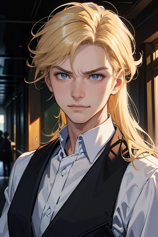 (tmasterpiece, high resolution, ultra - detailed:1.0), (1 boy, Young male, masculine face), Perfect male body, tall and strong, Adult male, Delicate eyes and delicate face, Extremely detailed CG, Unity 8k wallpaper, Complicated details, Detailed face, (blond hair, messy hair, serious faces, white shirts,Bad students), (frown,evil smile:1.3), stad in school corridor, street style, color difference, Depth of field, dramatic shadow, Ray tracing, Best quality, Cinematic lighting, offcial art,Portrait
