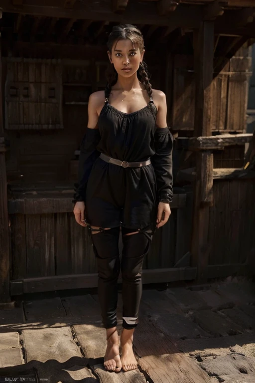 (full_body shot:2.0), (front view), 1girl, age 27, (girl wearing 8th century clothing standing on a platform), (brazilian ), braided hair, slender, dark theme, soothing tones, muted colors, high contrast, (natural skin texture, hyperrealism, soft light, sharp), perfecteyes eyes, hand, perfect, hand, fingers, photo of perfecteyes eyes,