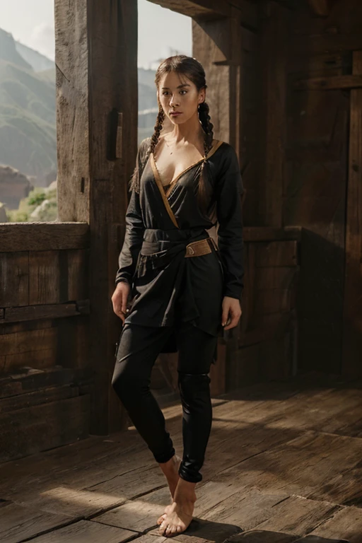 (full_body shot:2.0), (front view), 1girl, age 27, (girl wearing 8th century clothing standing on a platform), (brazilian ), braided hair, slender, dark theme, soothing tones, muted colors, high contrast, (natural skin texture, hyperrealism, soft light, sharp), perfecteyes eyes, hand, perfect, hand, fingers, photo of perfecteyes eyes,