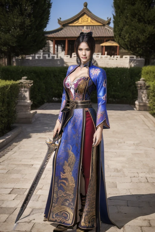 (Masterpiece，High-definition，Surreal、Digital Art:1.2)、Beautiful Female Warrior，Three Kingdoms，Fine eyes and face，Tall Woman，Chinese Warrior，Hanfu、(Dynamic pose with sword:1.2)、General temperament，Tall Woman，Strong Body，Wide ass，Cleavage、In front of the gate of an ancient Chinese castle、Full Body Portrait