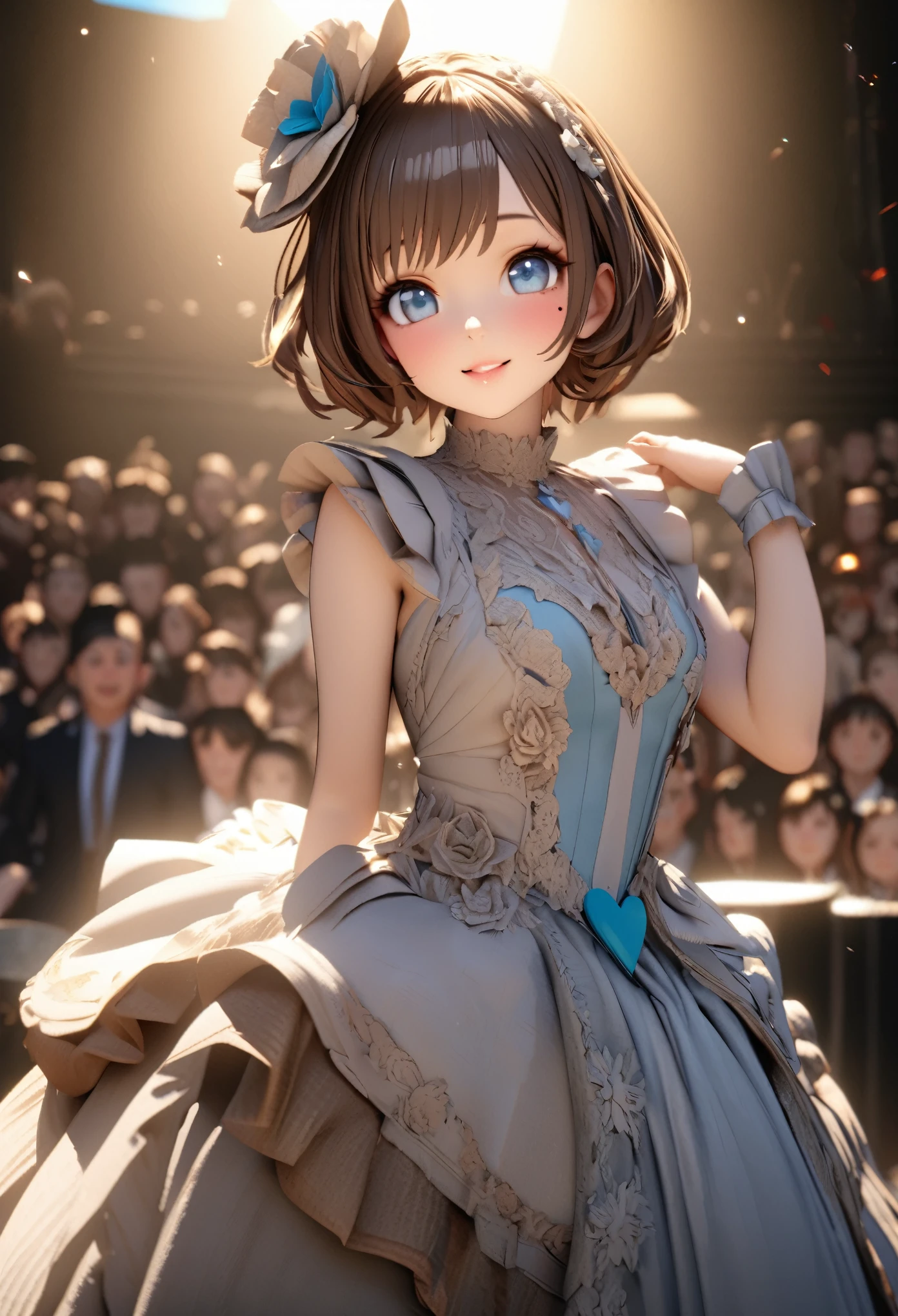 One Girl、Looking at the audience、
Beautiful Blue Eyes、Brown short hair、Mole under the eye、Plump and glossy lips、Heart-shaped choca、Idol、smile、ー、。.。.。.。.。.。.。.。.。.。.。.。.。.。.。.。.。.。.3D、Realistic、
Princess dress with too many frills、Drape clothes、gem、The decoration has been removed、Floral、Lace trim、bright stage、
masterpiece、highest quality、8k、Detailed skin texture、Detailed cloth texture、Beautifully detailed face、Intricate details、Very detailed、
超A high resolution、8k Ultra HD、Film Grain、Best Shadow、delicate、Gazing at the audience、front