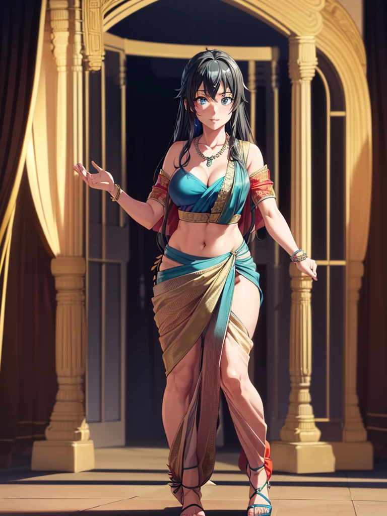 （8k, RAW photos, minino：1.1） ，female，（looki at viewer company），cowboy lens，Japanese，yukino yukinoshita / (oregairu\），（fullbody saree：1.1），La Brett Piercing，cleavage，((( saree)))，seductive smile，Be red on the face, full body photo, standing, lean, muscular legs, muscular belly, long hair, black hair, blue eyes, open hair, medium breasts, (no bindi) Professional lighting、photon mapping、physics-based rendering、dark theme，wearing wifs, jewellery and necklace, alone, extreme high quality, legs covering saree, sandel