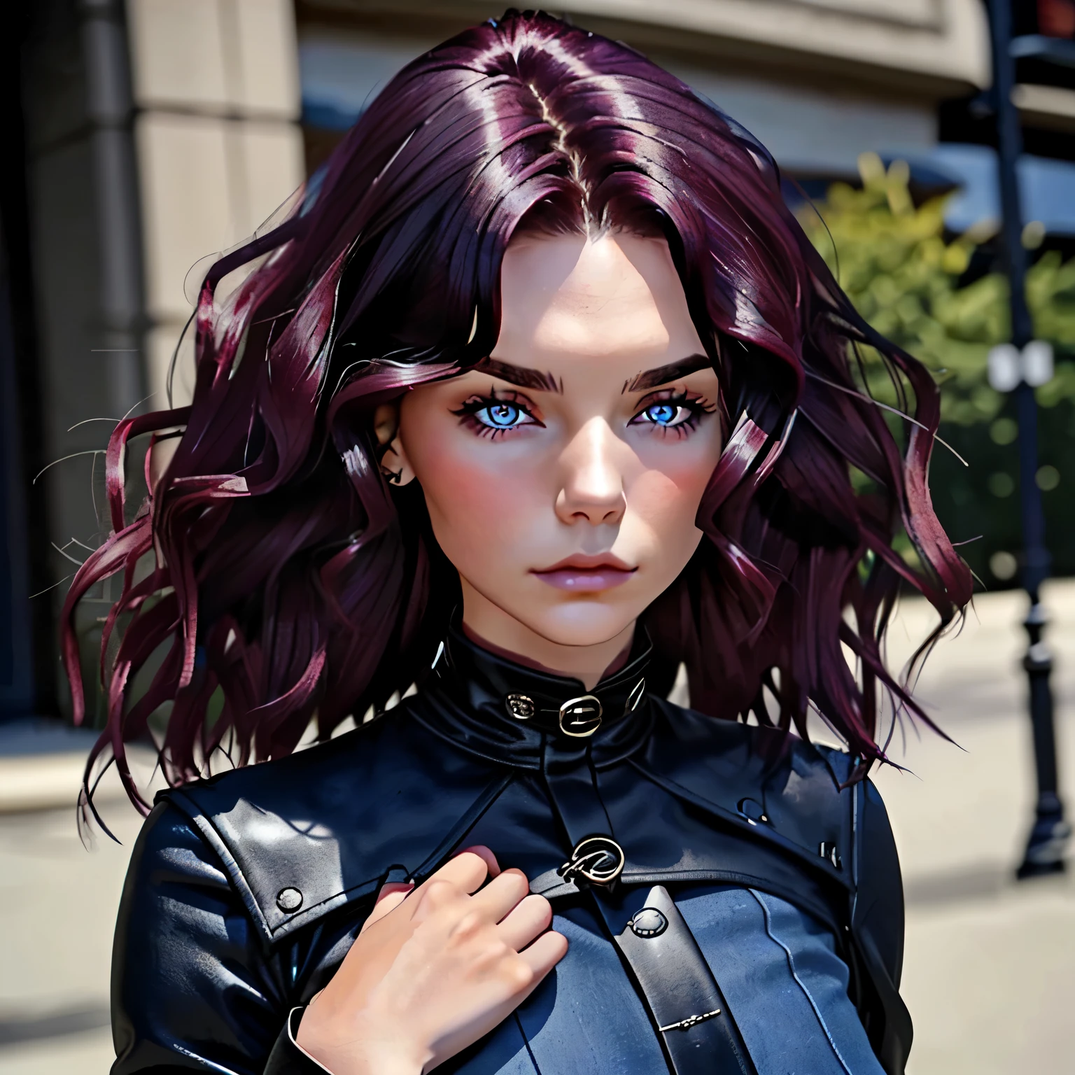 she had dark blue eyes, wavy hair in a wolfcut, her hair color is burgundy. her height is about 5'2. she had a moody demeanor