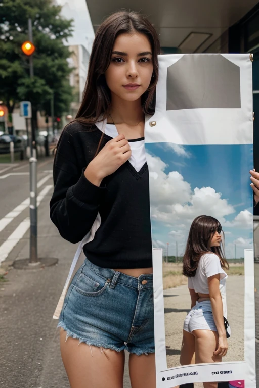 a girl holding a big banner of "go to my posts"