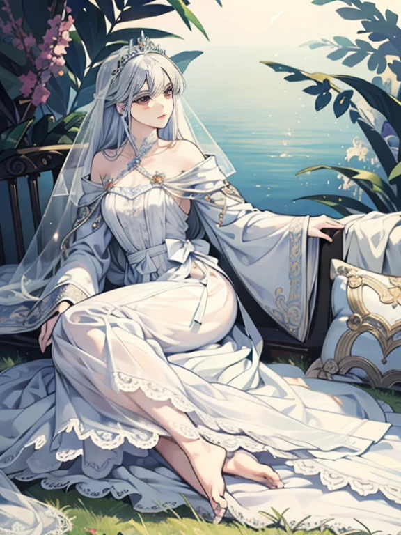 hightquality、((low angles:1.2))、Long Shot Photography、Glamour Shot、Front or Back、(full body1.15)、1womanl、Adults、fully body photo、bionde、Sitting on the side、with extremely beautiful facial features、robe blanche、Hairpin on the head、perfect hand、Soft light、ornate、looking at the viewers、White long dress、ren、femele、A queen、leggy、robe blanche、Beautiful veil、Pedras preciosas、ornamented、embroideries、florals、relax、lie on one's side、Georgia、relax、the emperor、White Long Dress Clothes、beautiful fantasy queen、Lie down on a sofa、The arm wears nothing、lying back on、
