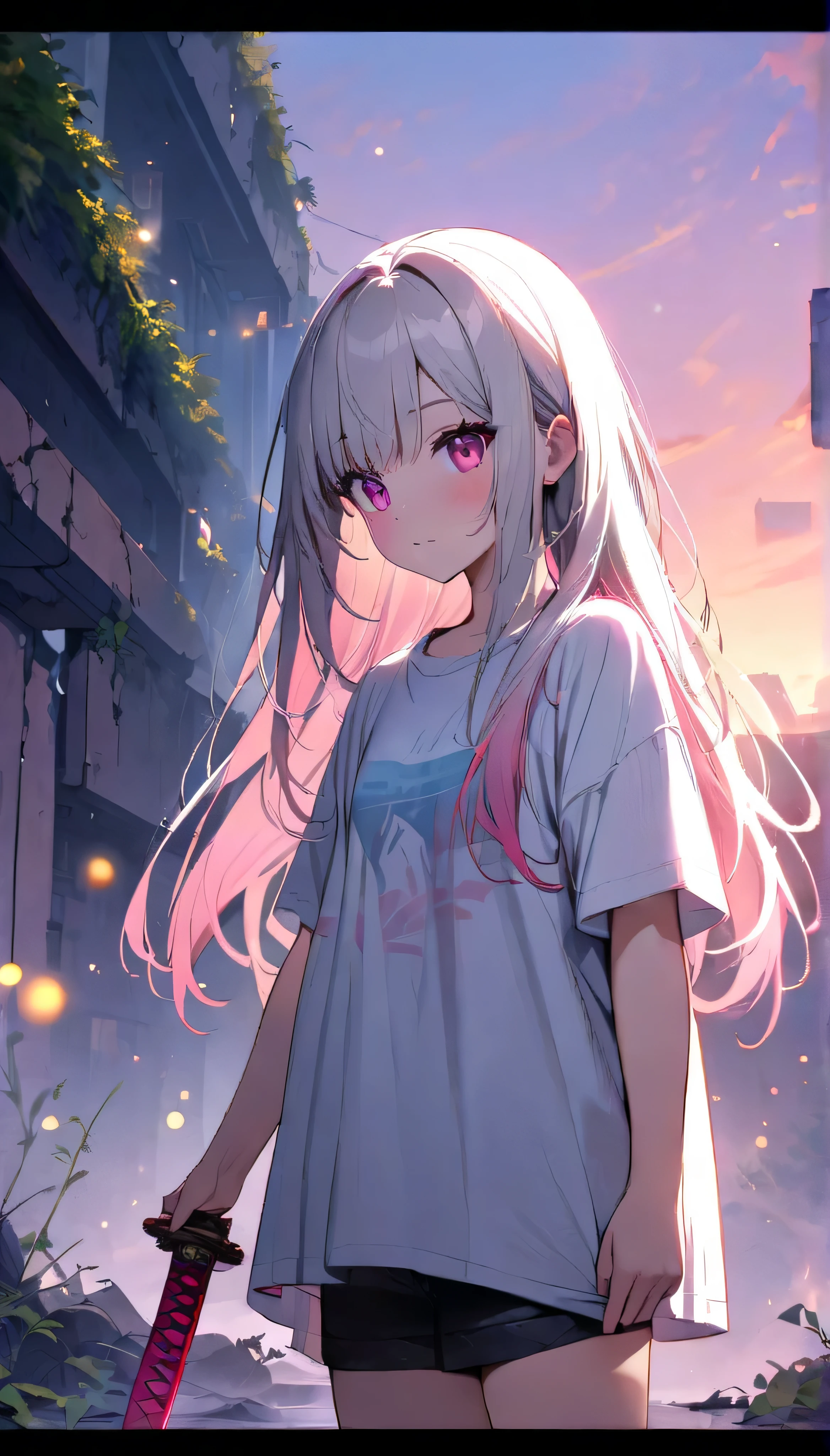 Resolution full, best quality, masterpiece, full HD, beautifull girl, foggy theme, super detailed, 1girl, cute girl, long hair, white light hair, detailed beautiful pink eyes, white T - shirt oversized, focus at girl. holding glowing katana, in ruins, overgrown. Day sky, gradient sky, sunset. bokeh. Depth of field.