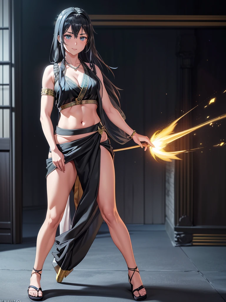 (8k, RAW photos, minino:1.1) ,female,(looki at viewer company),cowboy lens,Japanese,yukino yukinoshita / (oregairu\),(fullbody saree:1.1),La Brett Piercing,cleavage,(((black saree))),seductive smile,Be red on the face, full body photo, standing, lean, muscular legs, muscular belly, long hair, black hair, blue eyes, open hair, medium breasts, (no bindi) Professional lighting、photon mapping、physics-based rendering、dark theme,wearing wifs, jewellery and necklace, alone, extreme high quality, legs covering saree, sandel