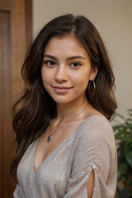 he image features a young woman with a warm, engaging smile, looking directly into the camera. She radiates a friendly and confident demeanor. Her skin is lightly tanned, and she has curly, shoulder-length hair that is a blend of brown tones with subtle highlights that catch the light. She is wearing subtle makeup that accentuates her bright eyes and full lips. Her attire consists of a soft purple blouse, complementing her skin tone, and she is accessorized with a delicate silver necklace and matching earrings. Although the background is blurred and does not offer sharp details, it gives a sense of a tranquil indoor space with neutral color tones, ensuring the woman is the clear focal point of the image. The natural lighting seems to create a soft glow around her, highlighting her features gently. This combination of lighting, her open expression, and the color palette contribute to a positive and professional atmosphere. The portrait is likely designed to elicit approachability and trust, perhaps for a professional profile or a friendly introduction.