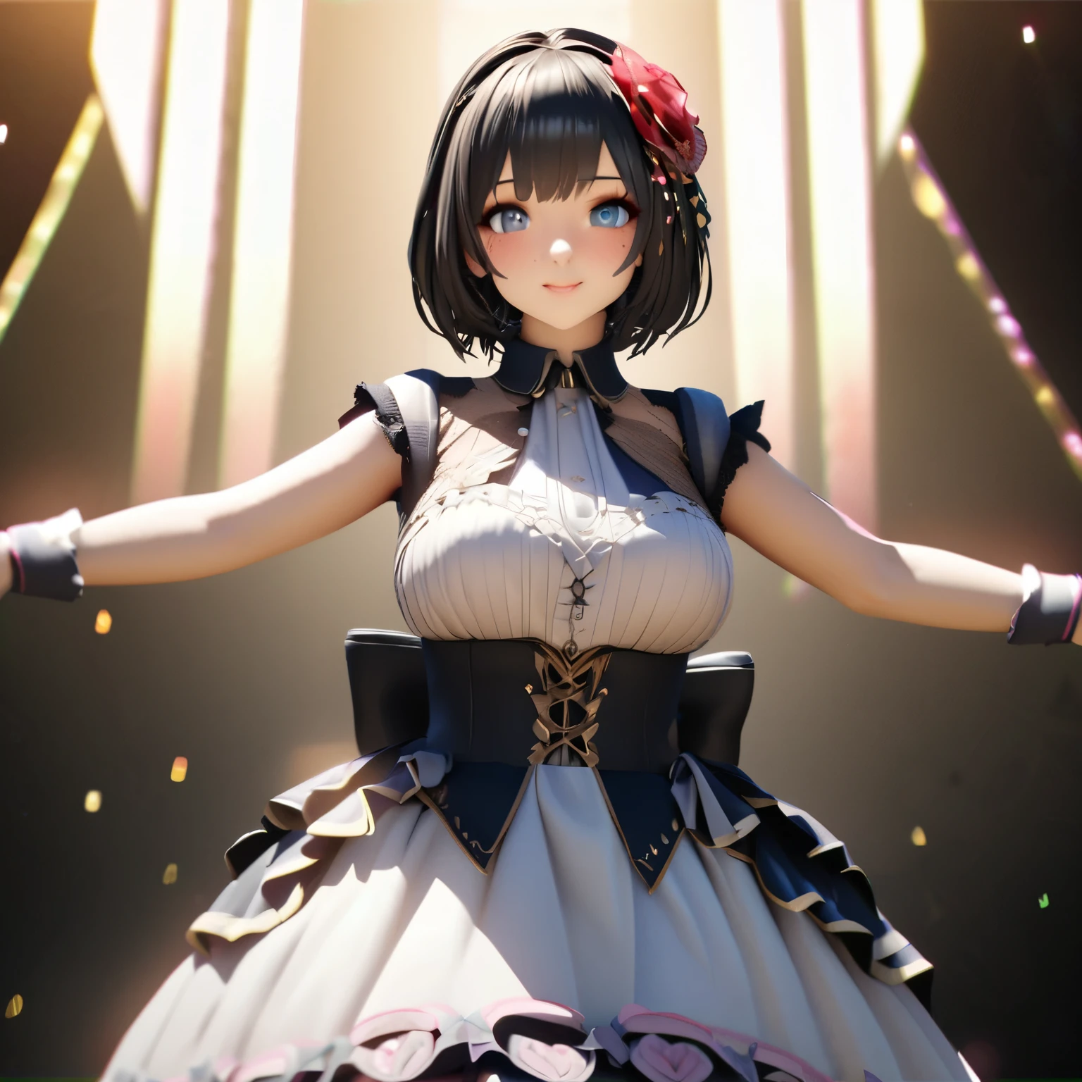 One Girl、Looking at the audience、
Beautiful Blue Eyes、black short hair、Mole under the eye、Plump and glossy lips、Heart-shaped choca、Idol、smile、ー、。.。.。.。.。.。.。.。.。.。.。.。.。.。.。.。.。.。.3D、Realistic、
Princess dress with too many frills、Drape clothes、gem、The decoration has been removed、Floral、Lace trim、bright stage、
masterpiece、highest quality、8k、Detailed skin texture、Detailed cloth texture、Beautifully detailed face、Intricate details、Very detailed、
超A high resolution、8k Ultra HD、Film Grain、Best Shadow、delicate、Gazing at the audience、front