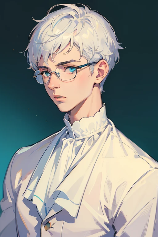 ((Masterpiece, Highest Quality)), Detailed Face, 1boy, boy, white sweater, turquoise eyes, (((Top Quality))), Short hair, Shaved whiskey,Spits, white colored hair, Stylish glasses