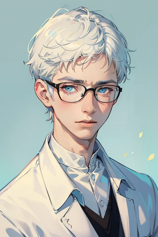 ((Masterpiece, Highest Quality)), Detailed Face, 1boy, young boy, white sweater, turquoise eyes, (((Top Quality))), Short hair, Shaved whiskey,Spits, white colored hair, Stylish glasses