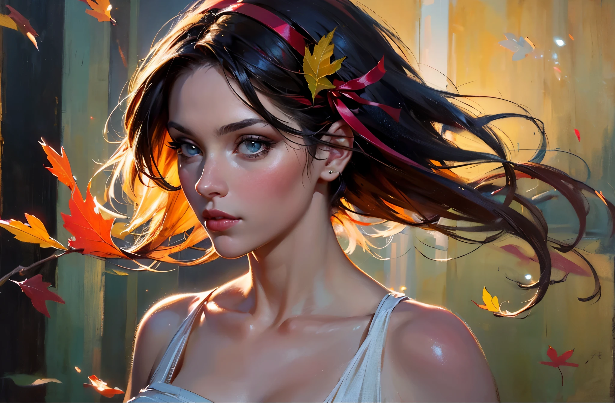 (8k, best quality, masterpiece:1.2),(best quality:1.0), (ultra highres:1.0), oil painting, a beautiful woman, shoulder, dark hair, hair ribbons, by smeglejj, half body portrait, extremely luminous bright design, sparkling particles blowing in the light breeze, pastel colors, (ink:1.3), autumn lights,