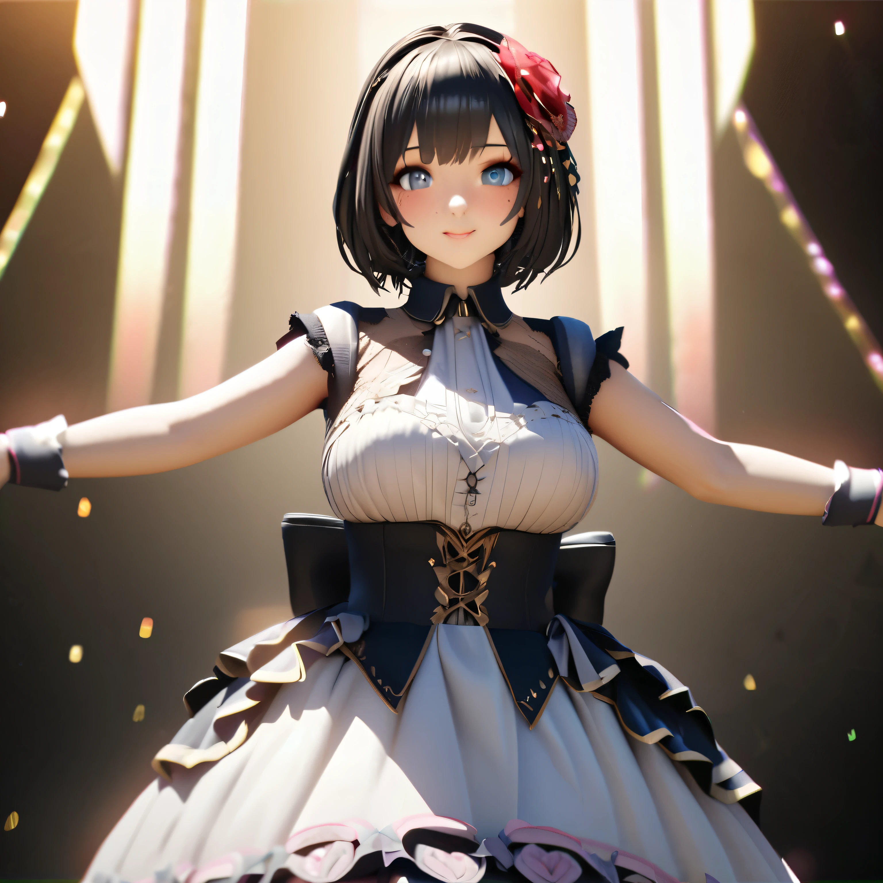 One Girl、Looking at the audience、
Beautiful Blue Eyes、black short hair、Mole under the eye、Plump and glossy lips、Heart-shaped choca、Idol、smile、ー、。.。.。.。.。.。.。.。.。.。.。.。.。.。.。.。.。.。.3D、Realistic、
Princess dress with too many frills、Drape clothes、gem、The decoration has been removed、Floral、Lace trim、bright stage、
masterpiece、highest quality、8k、Detailed skin texture、Detailed cloth texture、Beautifully detailed face、Intricate details、Very detailed、
超A high resolution、8k Ultra HD、Film Grain、Best Shadow、delicate、Gazing at the audience、front