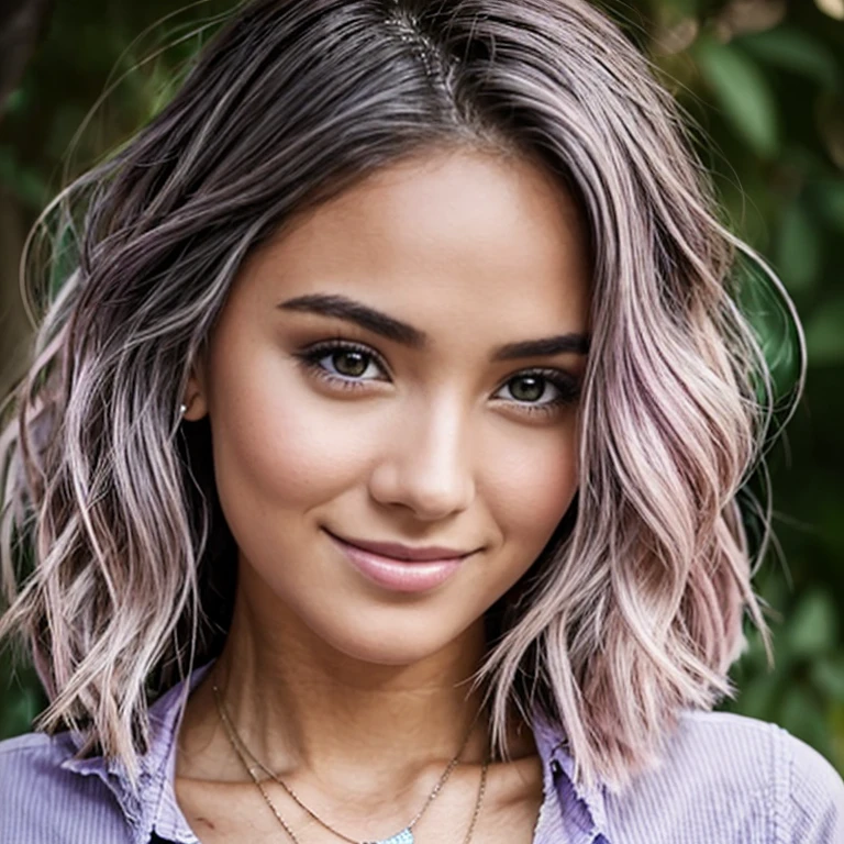 he image is a close-up portrait of a young woman who is smiling directly at the camera, exuding warmth and friendliness. Her hair is a standout feature with its wavy texture and pastel pink hue that imparts a trendy and playful vibe. Her eyes are bright and engaging, accentuated with makeup that highlights their shape and color. She's wearing a light purple shirt that complements the tones in her hair and a delicate necklace with a small blue pendant, which adds a subtle touch of elegance to her casual appearance. The background of the image is a simple, unobtrusive dark gray that allows the focus to remain on the subject. The lighting of the photo is soft and evenly distributed, avoiding harsh shadows and ensuring that her features are clearly and flatteringly lit.