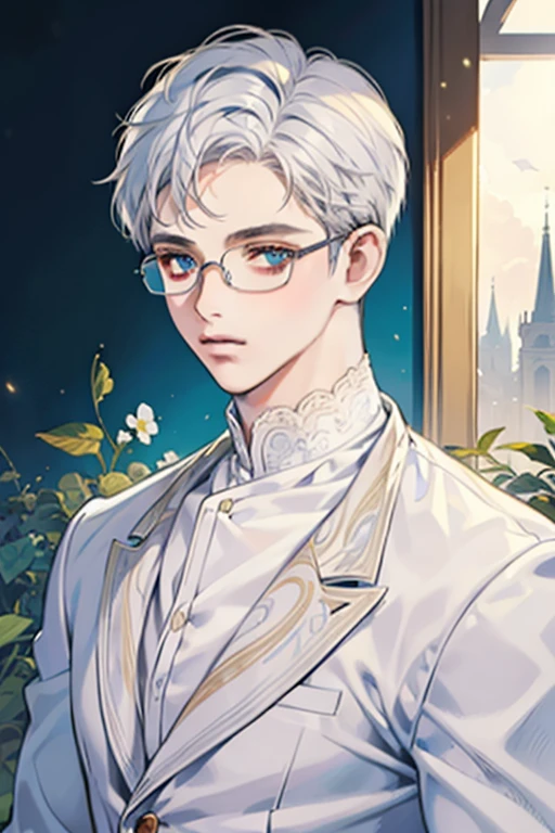 ((Masterpiece, Highest Quality)), Detailed Face, 1boy, young boy, white sweater, turquoise eyes, (((Top Quality))), Short hair, Shaved whiskey,Spits, white colored hair, Stylish glasses
