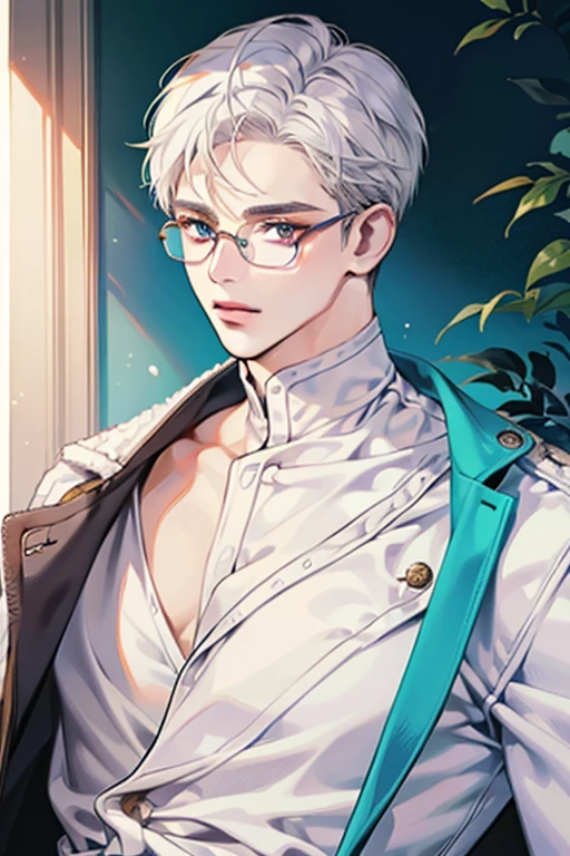 ((Masterpiece, Highest Quality)), Detailed Face, 1boy, young boy, white sweater, turquoise eyes, (((Top Quality))), Short hair, Shaved whiskey,Spits, white colored hair, Stylish glasses