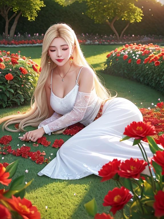 (((Female teacher lying in the flower garden)))v6, earrings, full body v6, (long golden white hair), translucent clothes, look, superb, ultra high definition, RAW photography, realism 1.25), (bright lip gloss, long eyelashes, smooth) face, bright skin, natural shadows, wide light, wide light, depth of field, strong colors, subtle caustics: 0.8), smile, (big), v6 (close your eyes, (camisole if made of red flowers in transparent white))), sleeveless, lower body slender, behind the woman, there are various beautiful flowers (absurd, high resolution, super detailed),