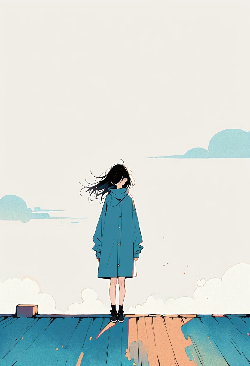 (Person Standing on the Rooftop:1.3),Girl on the rooftop,Simple lines,Minimalism,Abstract Art,City background