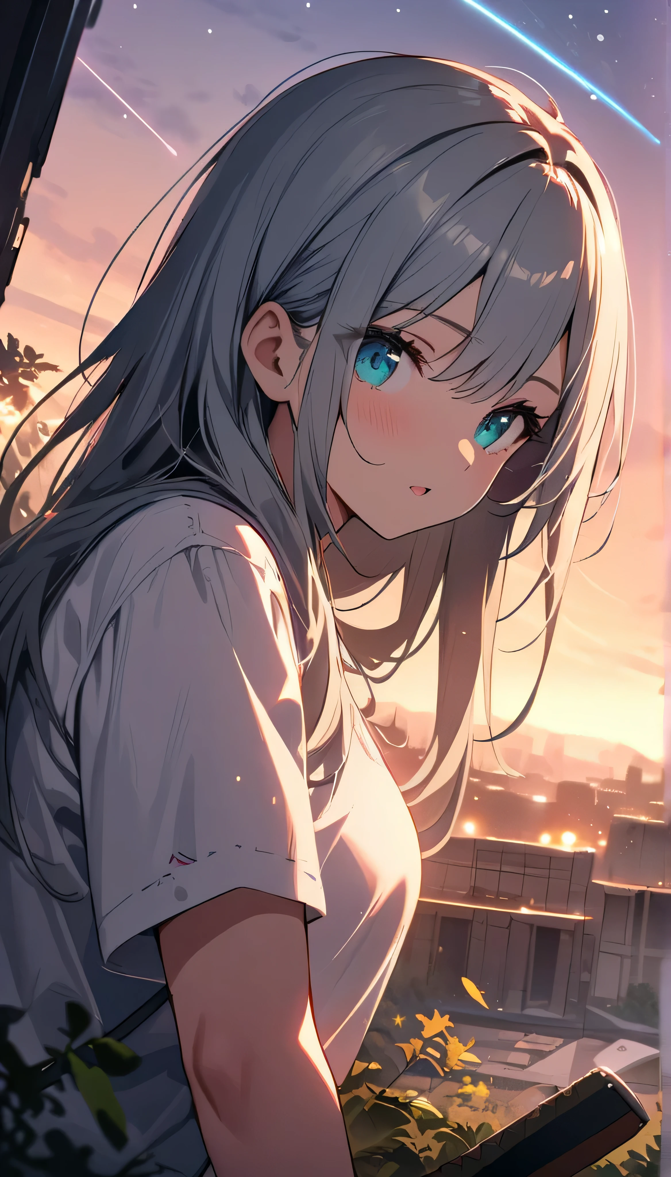 Resolution full, best quality, masterpiece, full HD, beautifull girl, foggy theme, super detailed, 1girl, cute girl, long hair, white light hair, detailed beautiful aqua eyes, white T - shirt oversized, focus at girl. holding glowing katana, in ruins, overgrown. Day sky, gradient sky, sunset. Starry sky. Shooting star. bokeh. Depth of field.