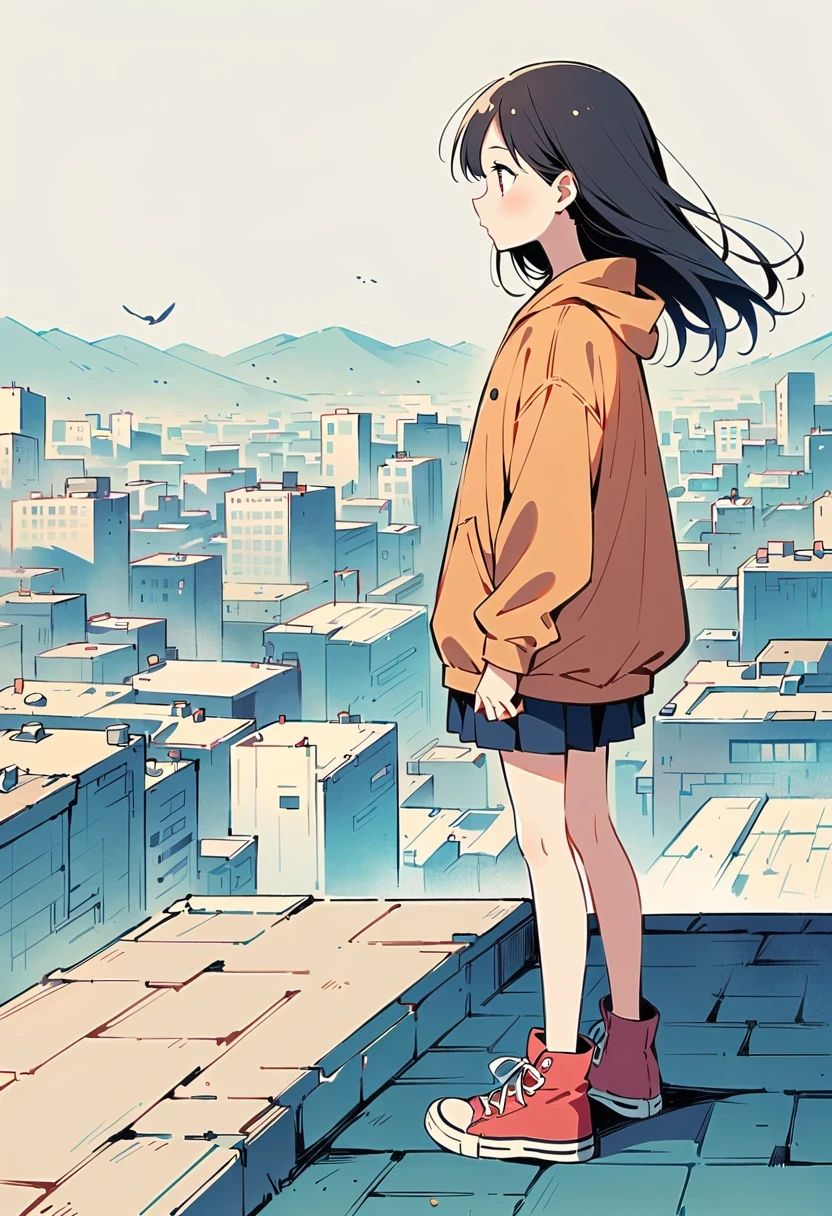 (Person Standing on the Rooftop:1.3),Girl on the rooftop,Simple lines,Minimalism,Abstract Art,City background